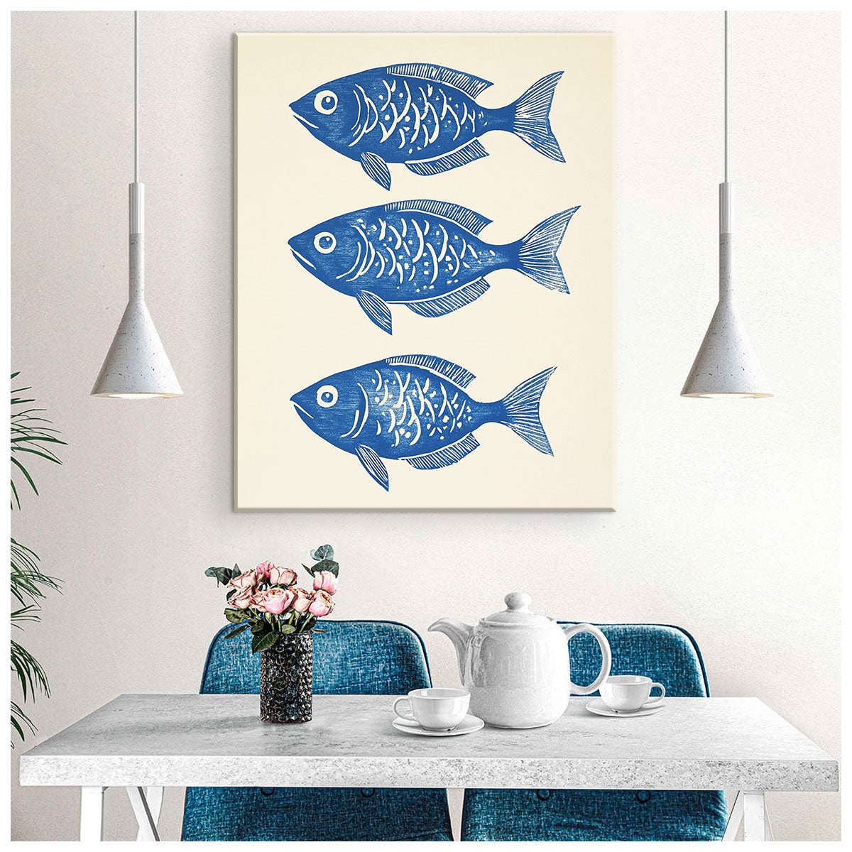 Indigo Fish Trio Modern Wall Artwork
