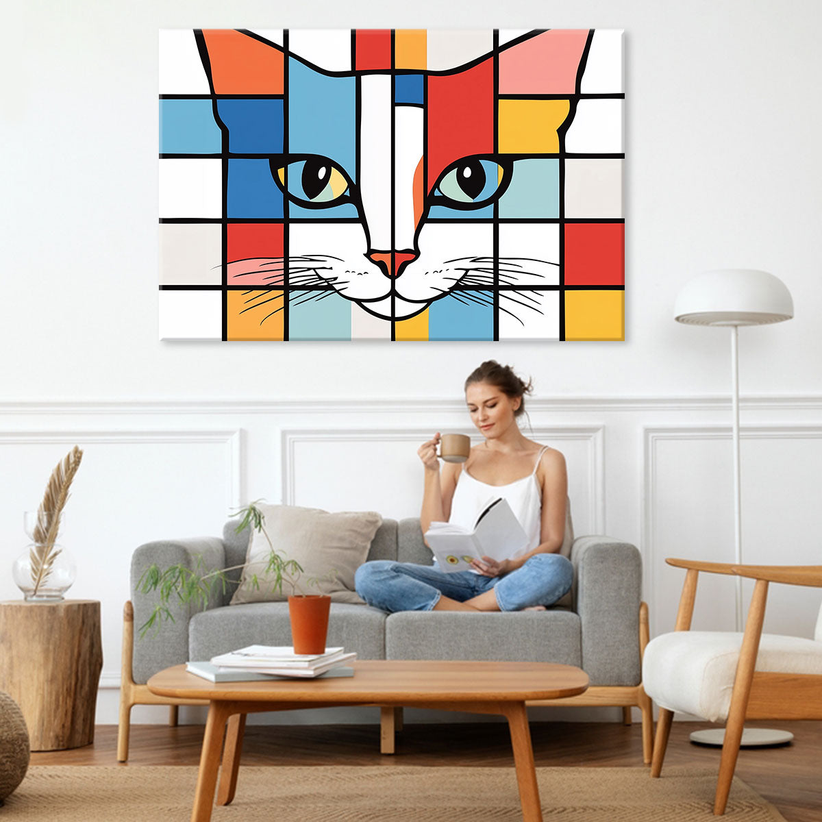 De Stijl Cat Portrait Geometric Art Canvas