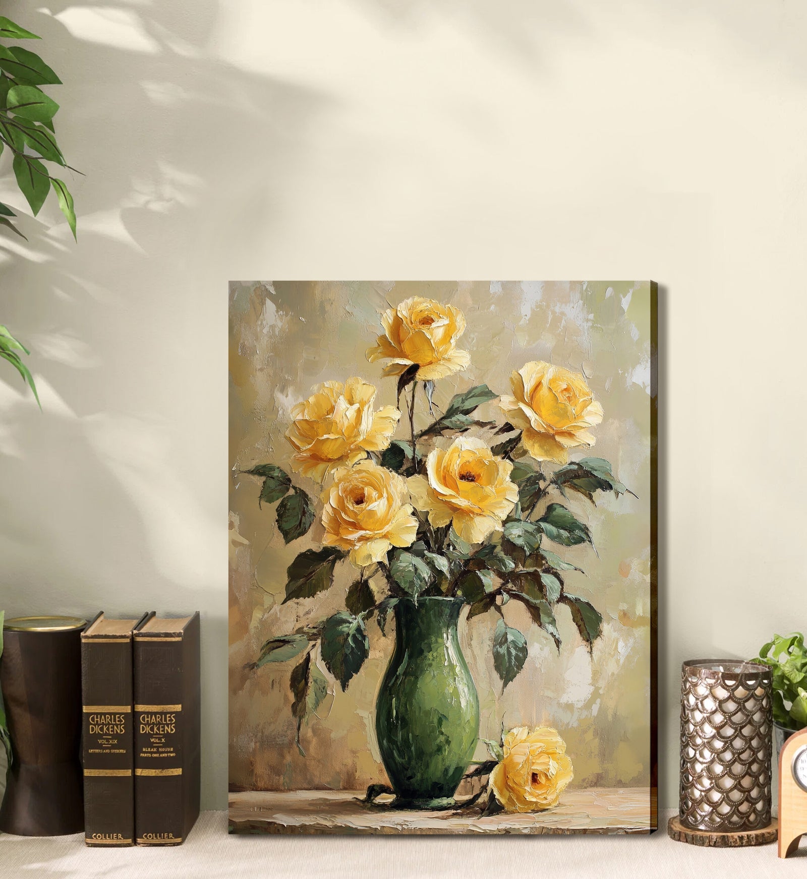 Yellow Roses in a Green Vase - Vintage Oil Painting Canvas Print