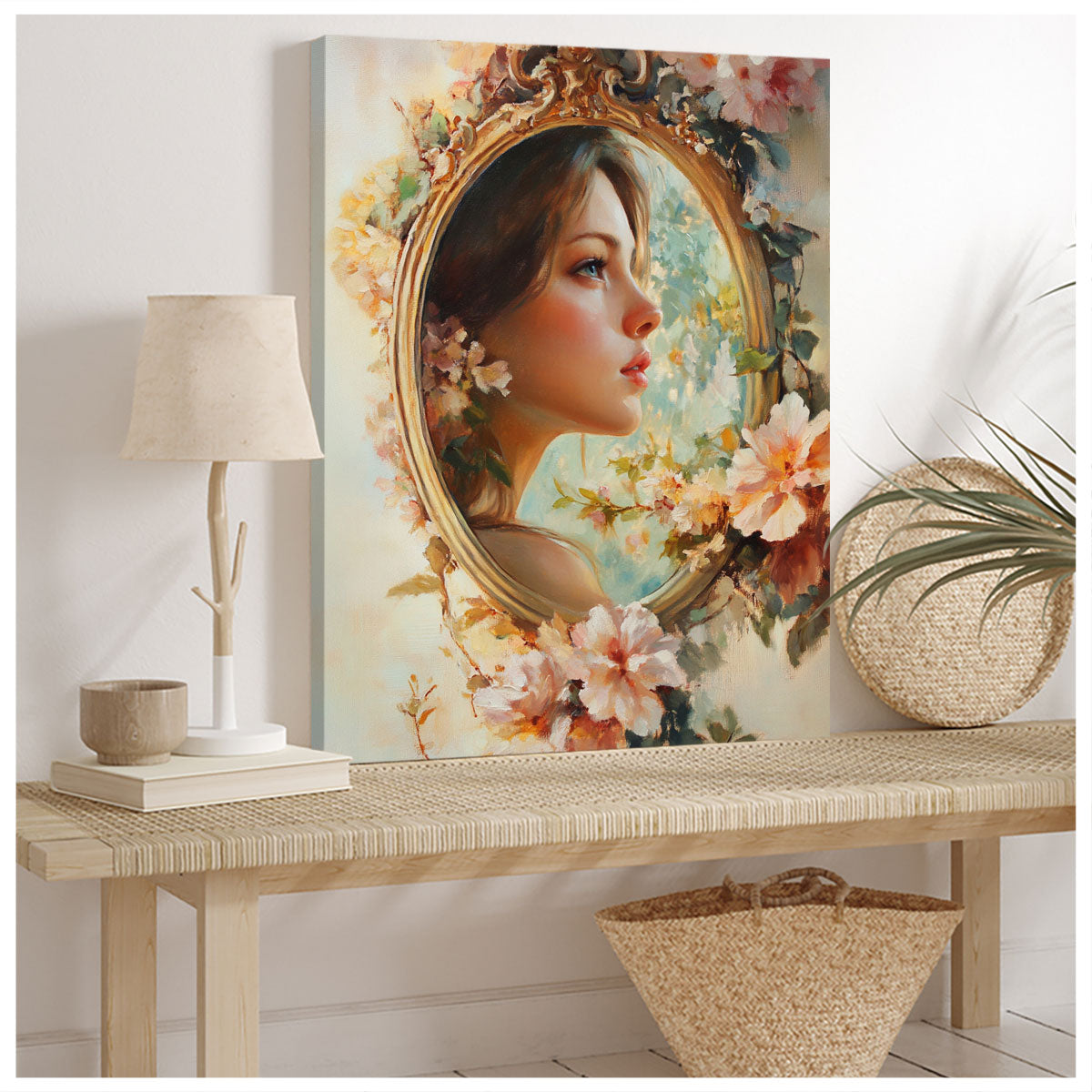 Beauty in the Mirror – Romantic Oil Painting Canvas Wall Art