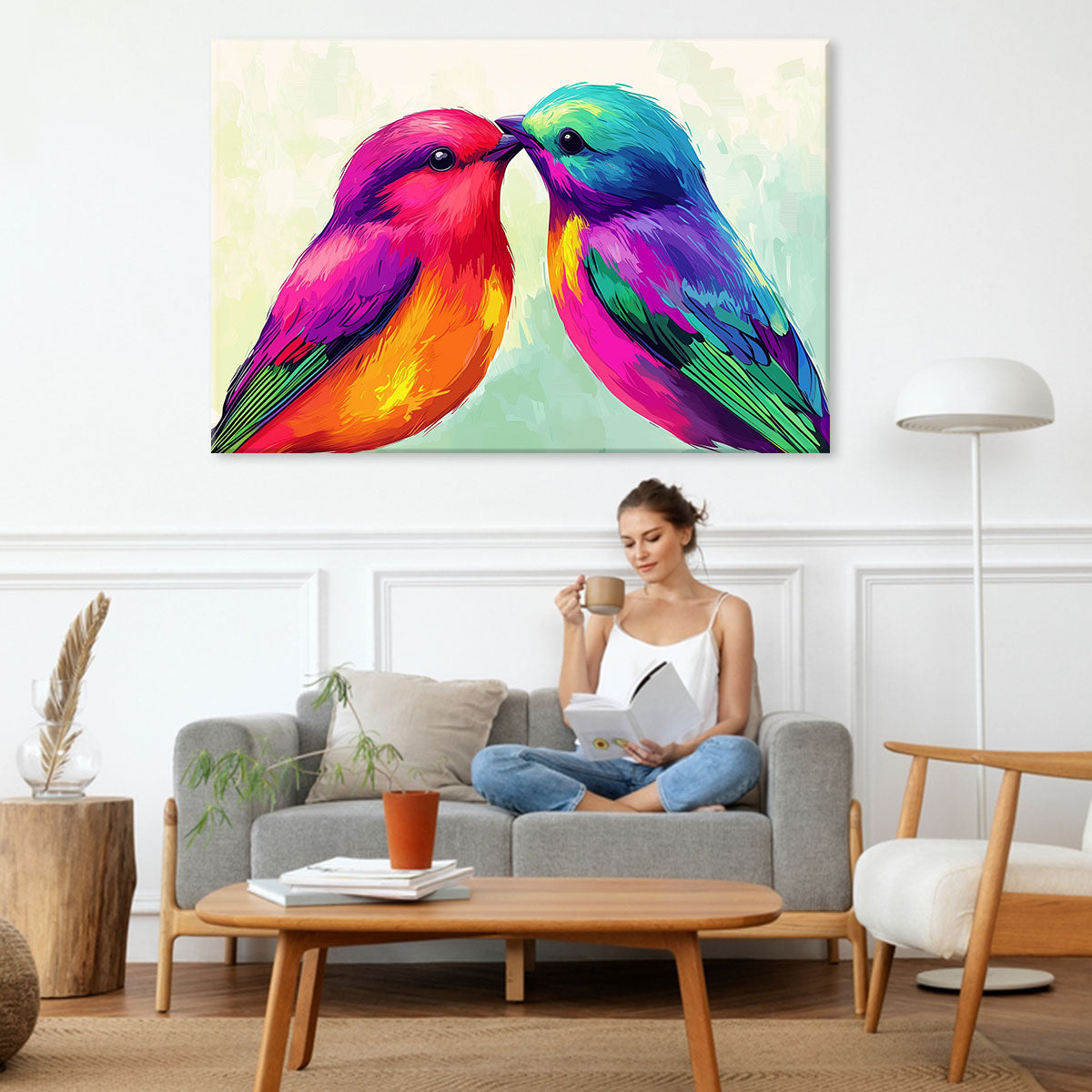 Rainbow Feathered Duo Pop Art Birds Canvas