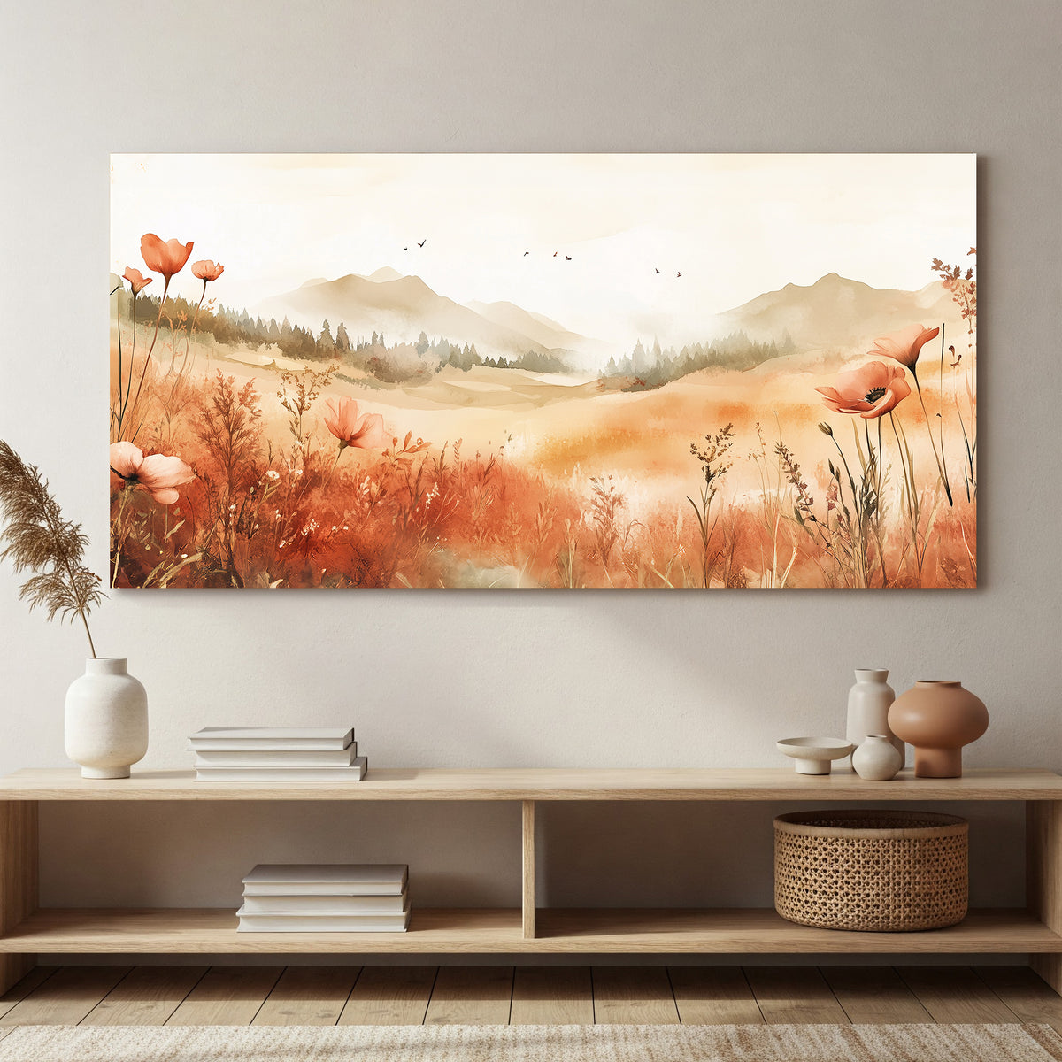 Boho Watercolor Floral Landscape Canvas Wall Art