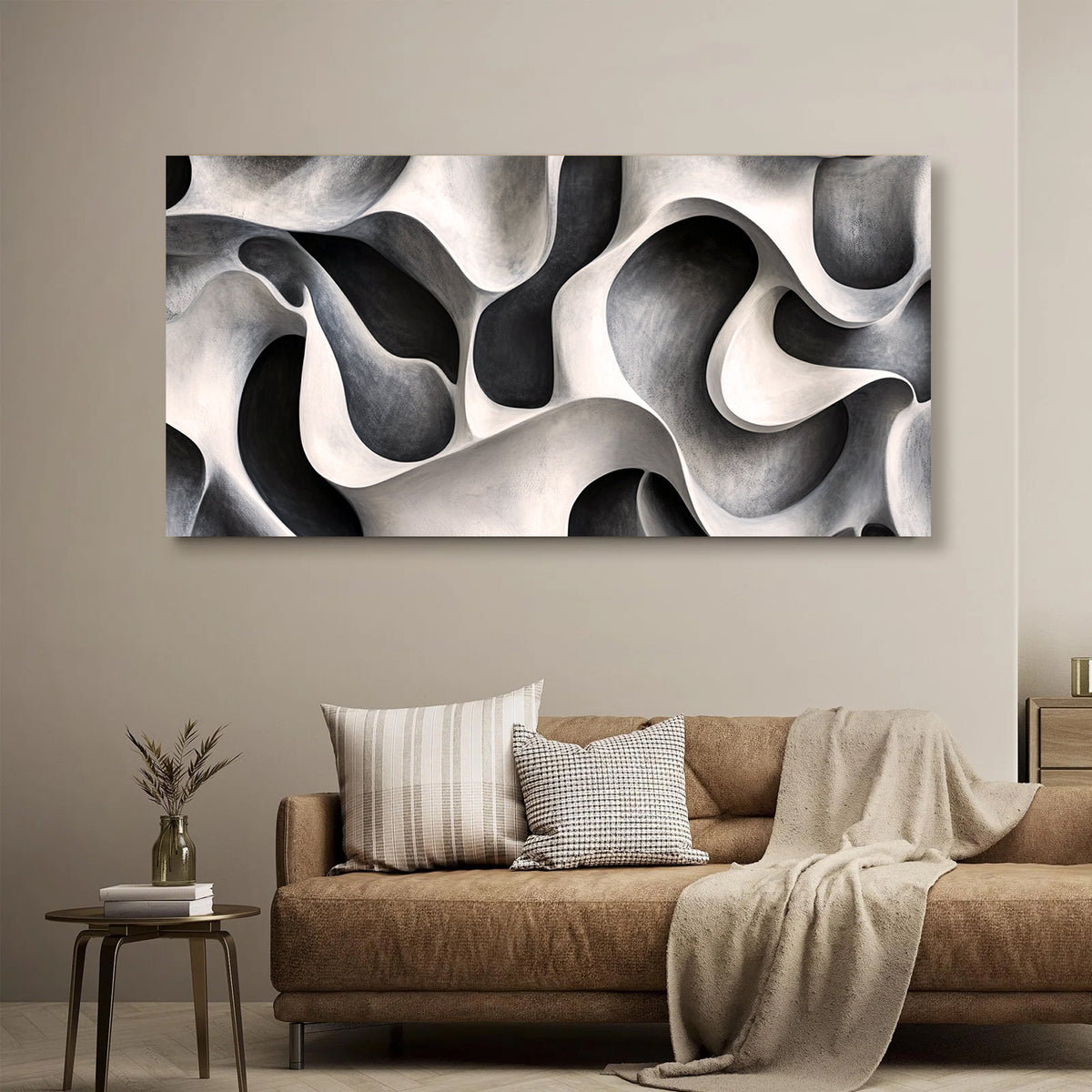 Fluid Forms Monochromatic Abstract Canvas Wall Art for Living Room