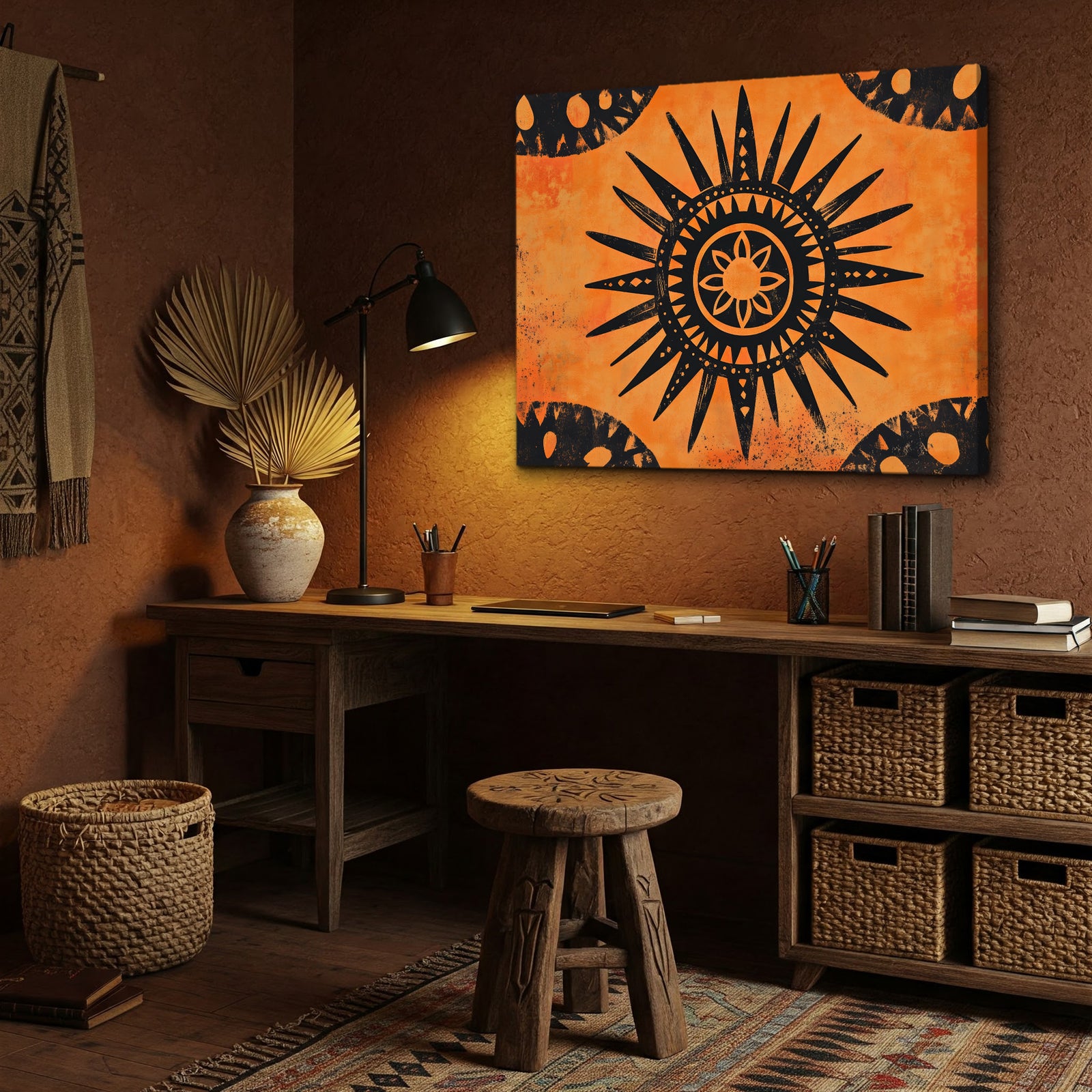 Tribal Sun Rustic Boho Wall Art Print – Terracotta Concentric Design