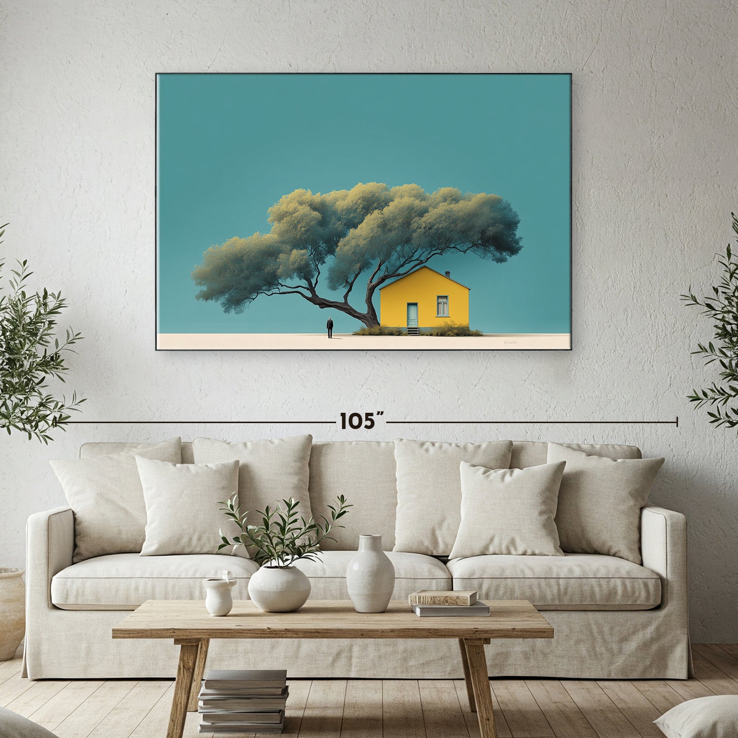 Tree and Yellow House Canvas Minimalist Wall Art