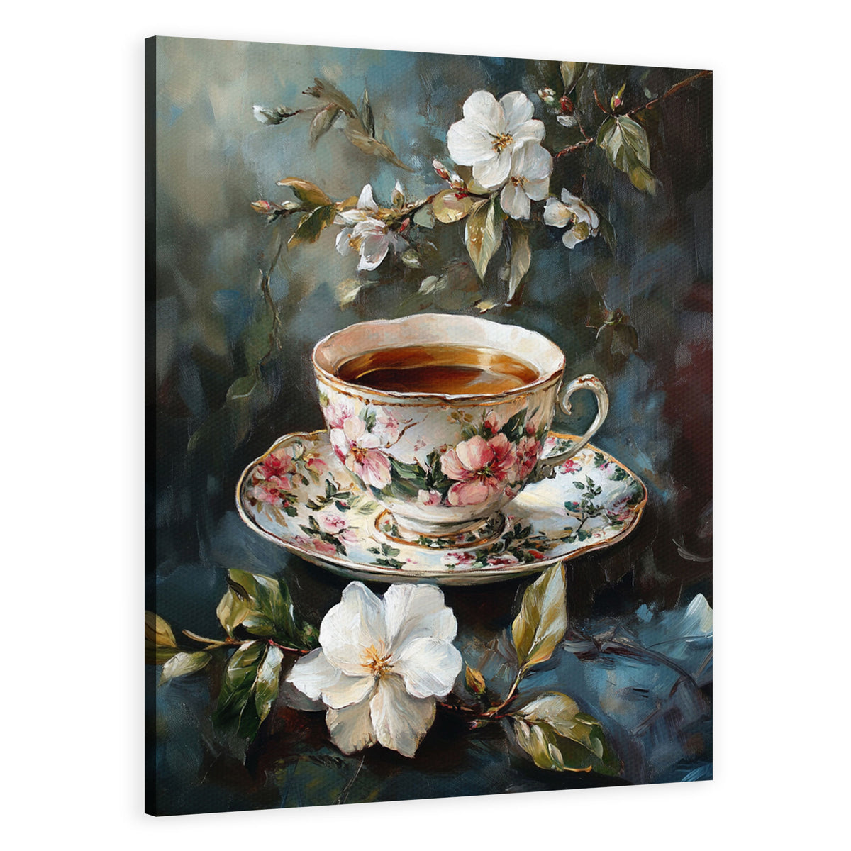 Vintage Floral Teacup Oil Painting Canvas Wall Art