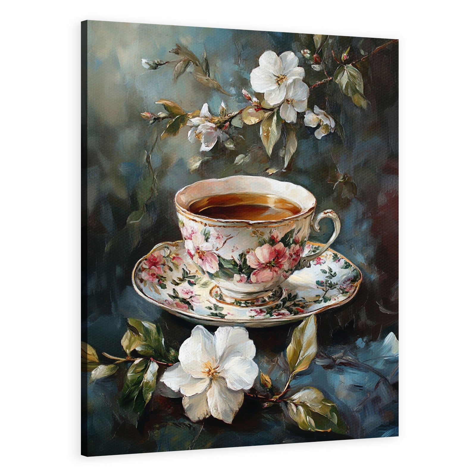 Vintage Floral Teacup Oil Painting Canvas Wall Art