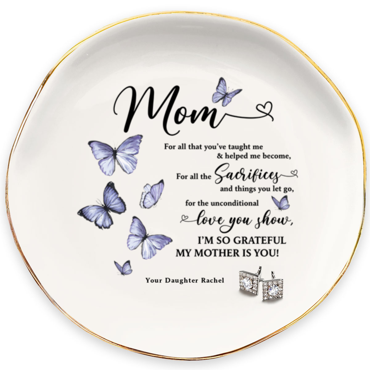 Grateful Daughter Personalized Name Round Shape Jewelry Dish Gift For Mom