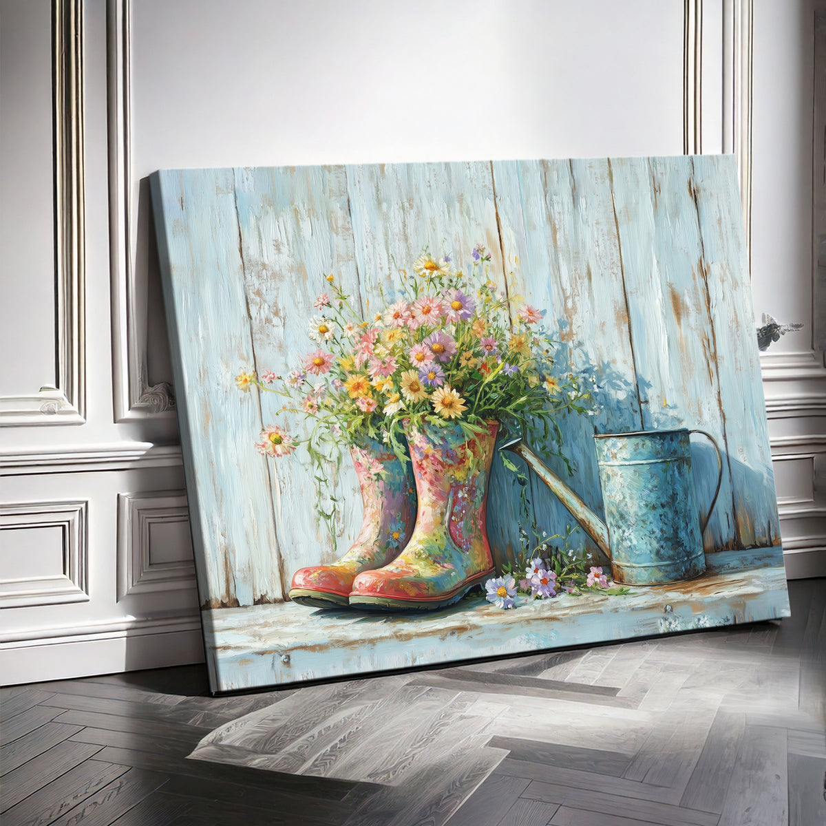 Rustic Floral Rain Boots – Vintage Farmhouse Oil Painting Canvas Wall Art