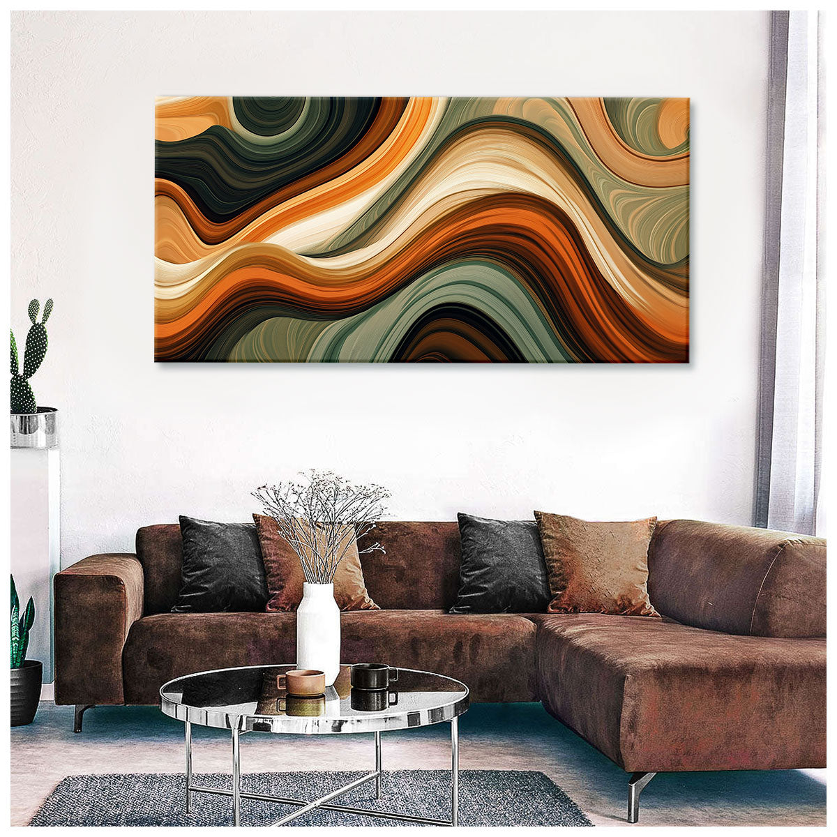 Wavy Earth-Toned Abstract Boho Canvas Wall Art Decor