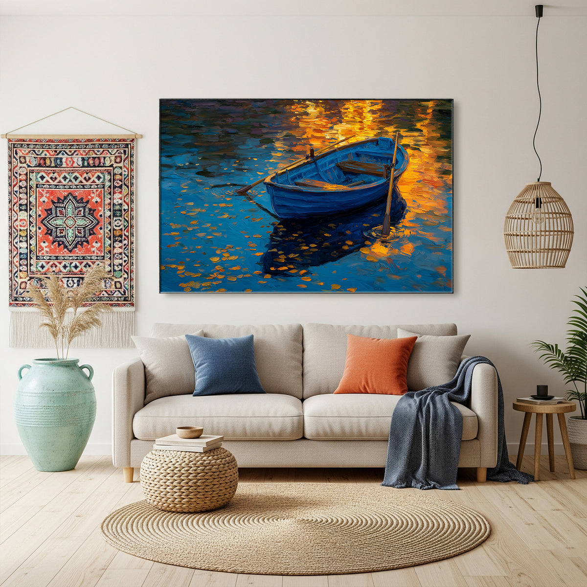 Golden Light and Blue Rowboat Oil Canvas Wall Art