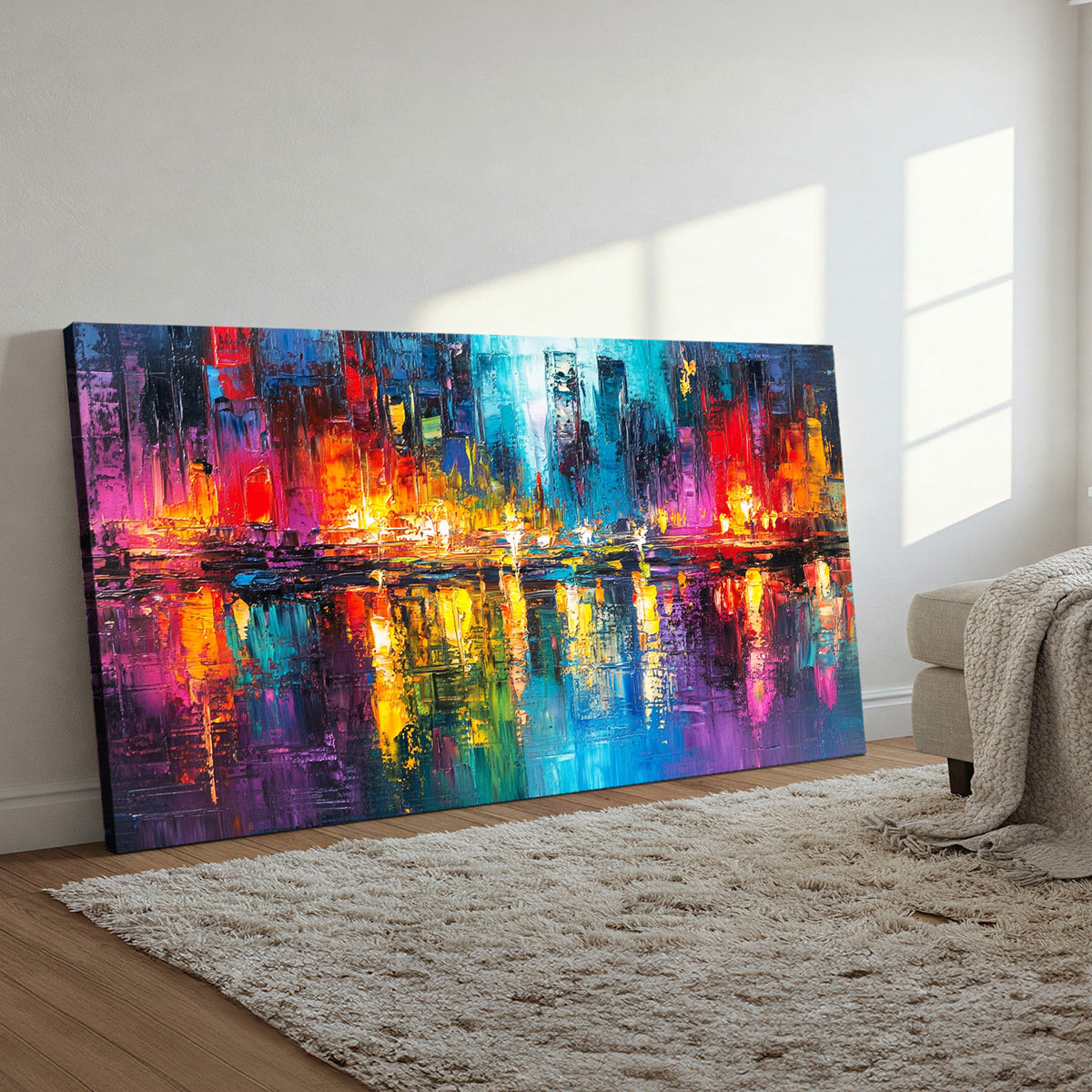 Radiant Reflections Cityscape Abstract Canvas Wall Art for Living Room