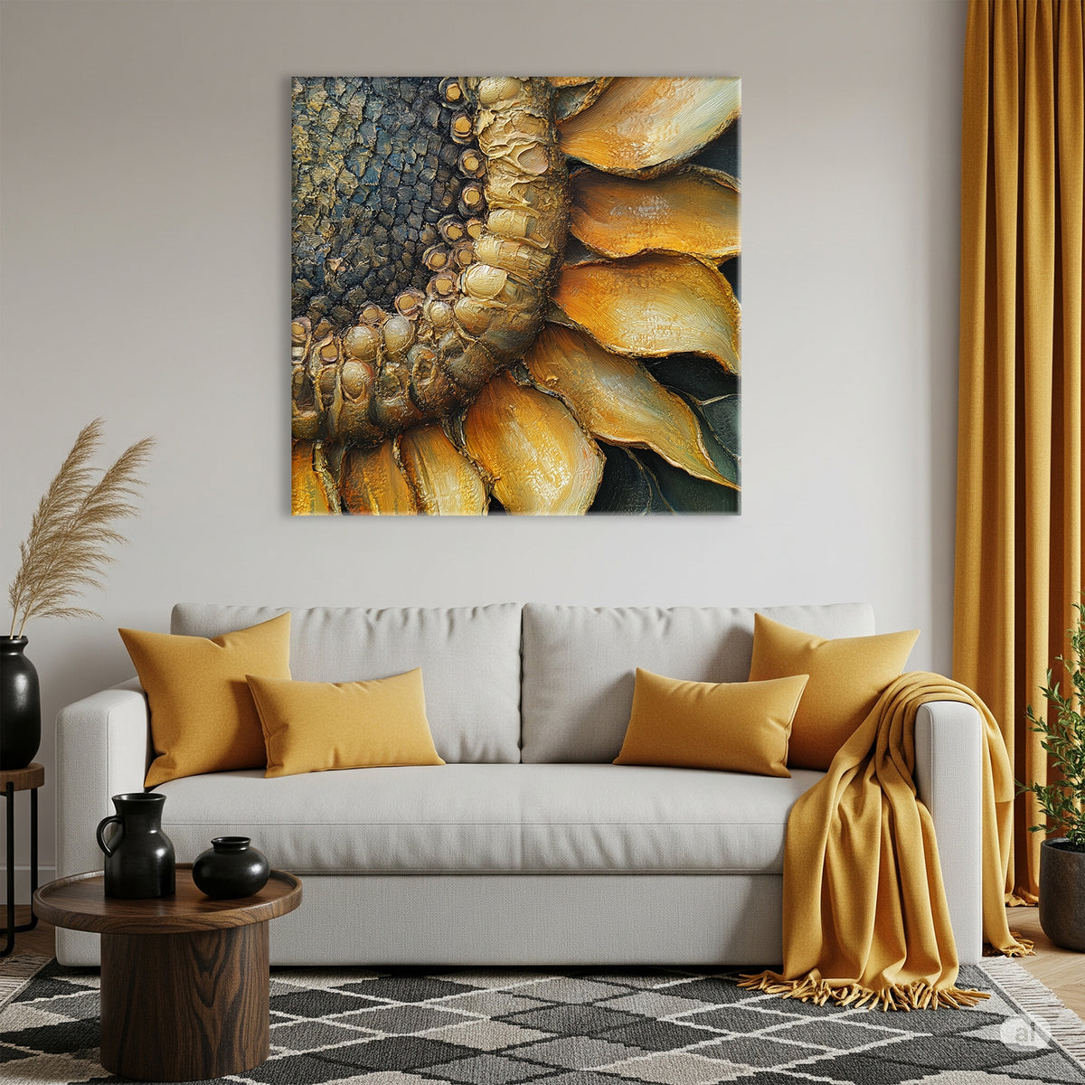 Close-up sunflower canvas print with oil-style texture