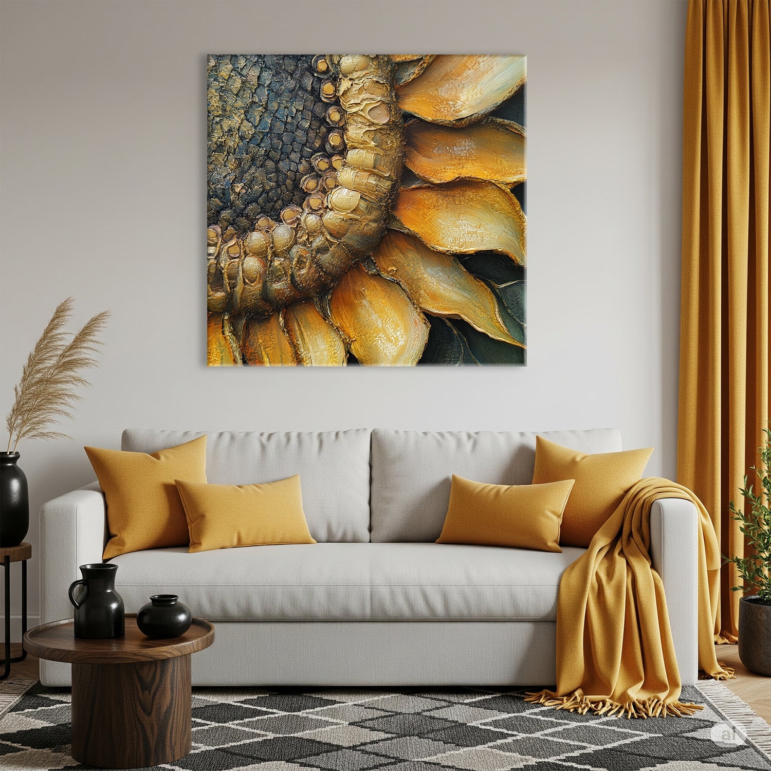 Close-up sunflower canvas print with oil-style texture