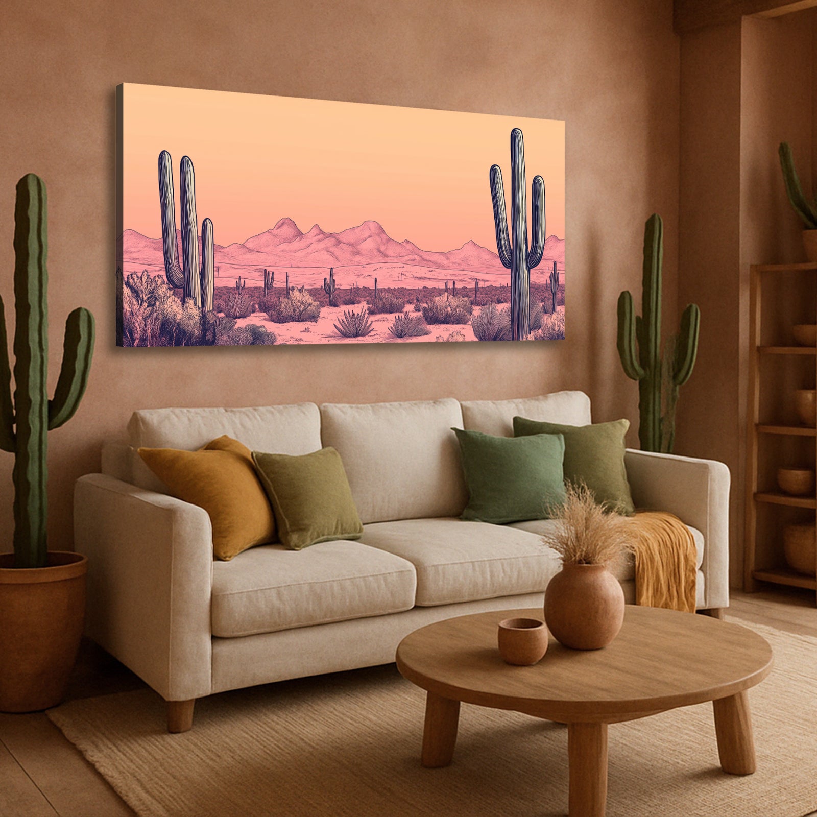 Boho Desert Cactus Line Art at Dusk with Warm Tones