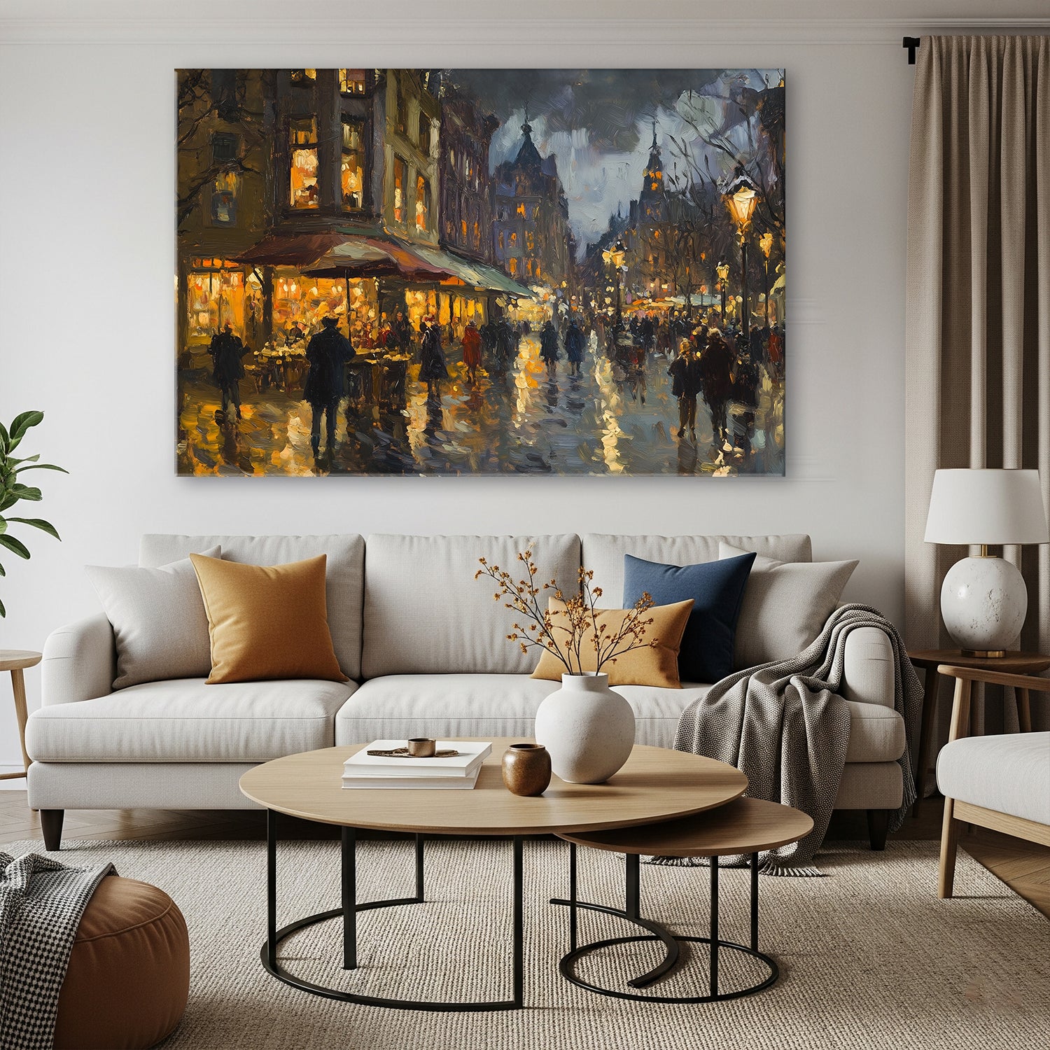 Oil street scene painting with glowing city lights
