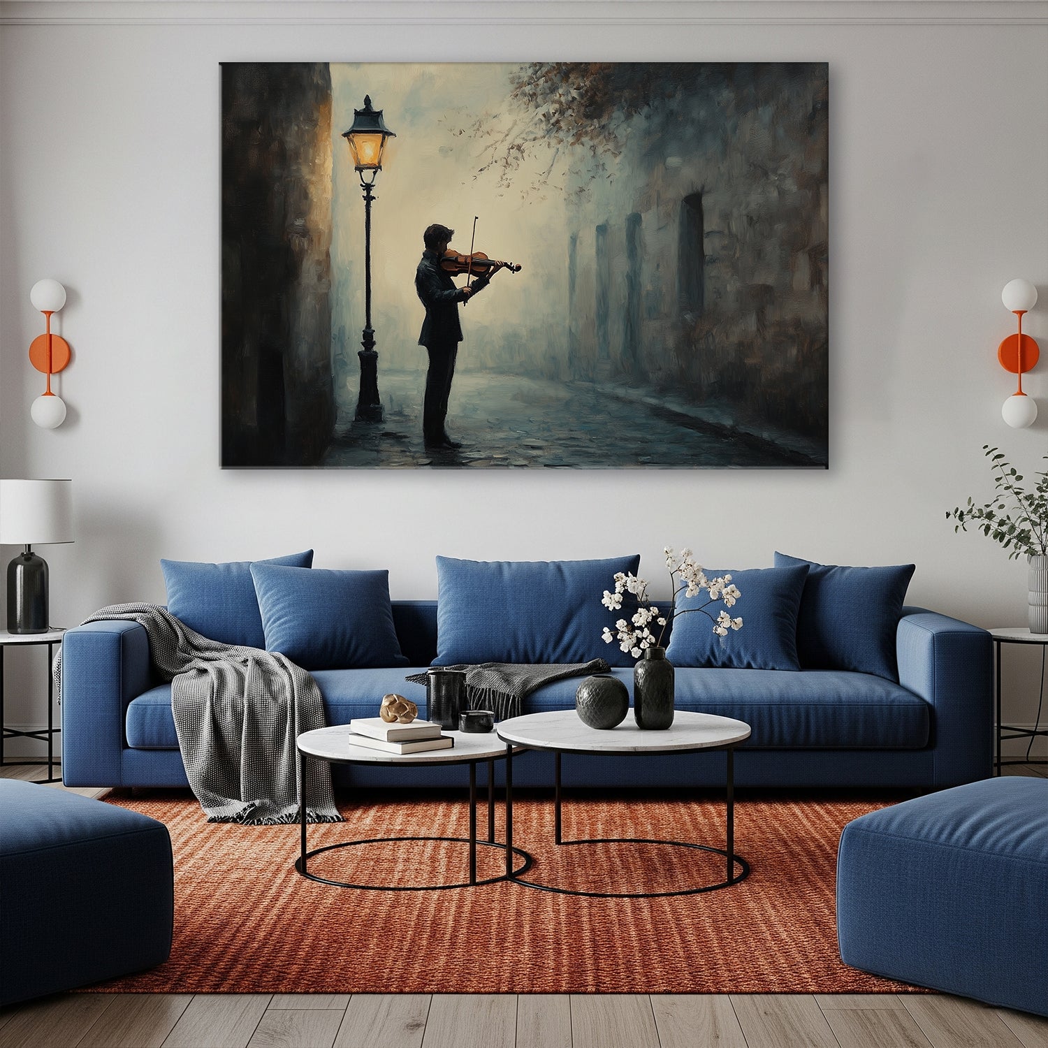 Elegant oil painting of violinist in golden evening light