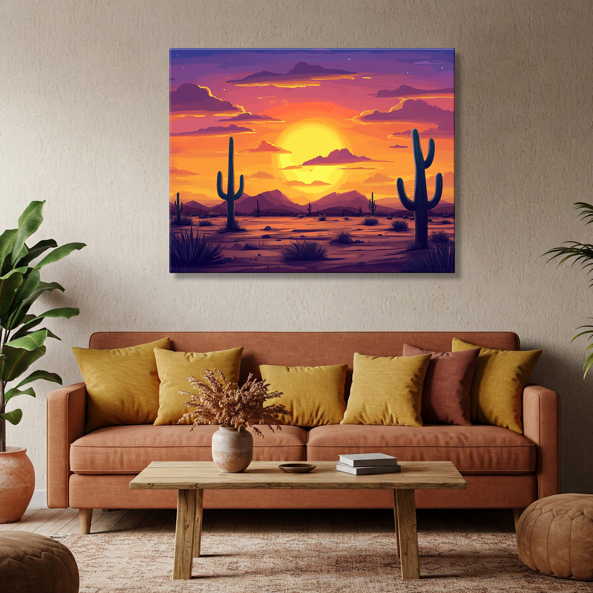 Boho Cactus Sunset Canvas Art for Desert Wall Decor
