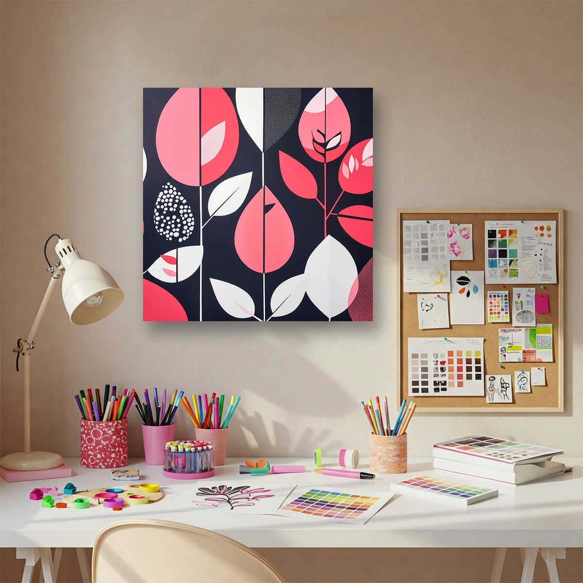 Modern Leaf and Shape Abstract Canvas in Blush and Black