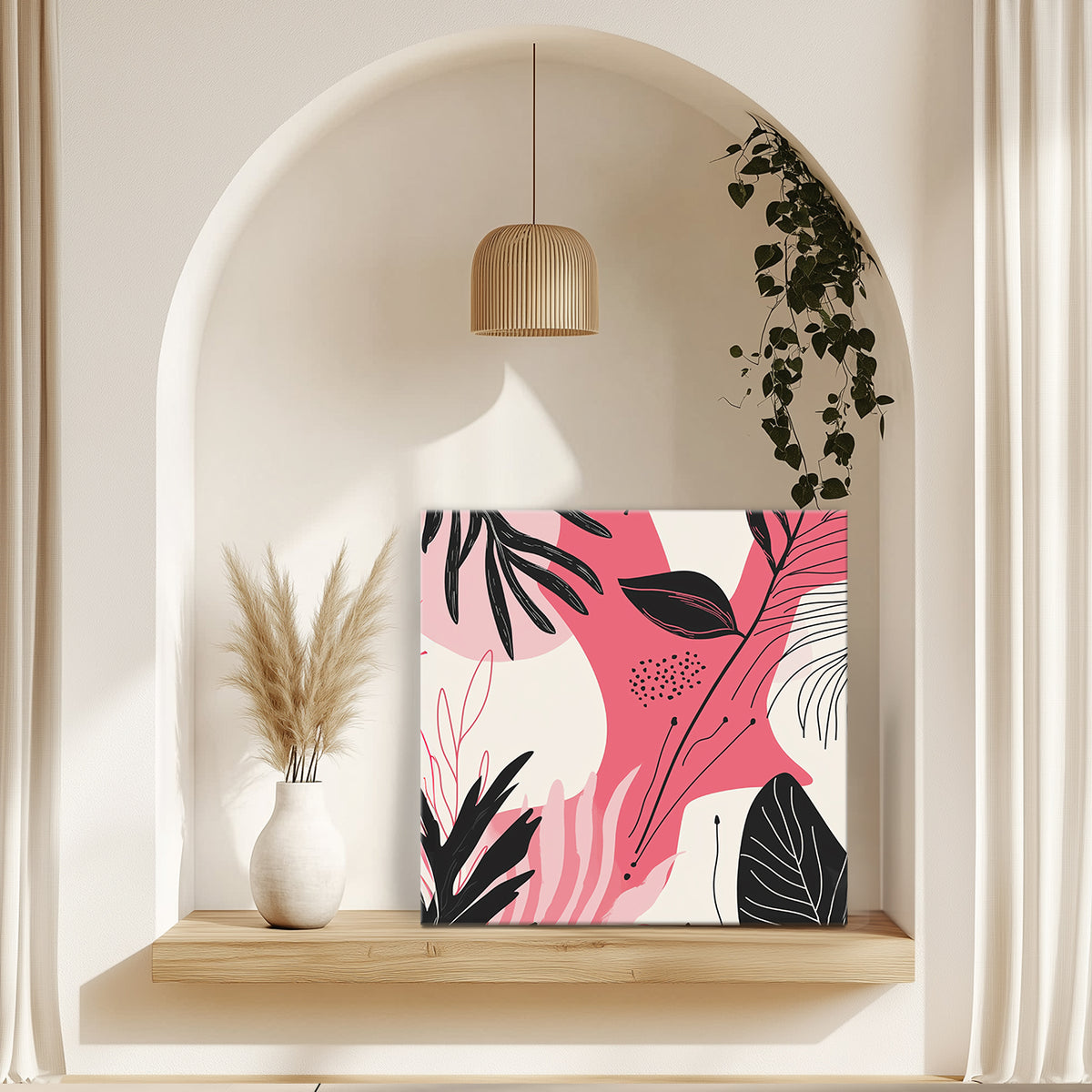 Pink Black Minimalist Leaf Pattern Canvas for Soft Interiors