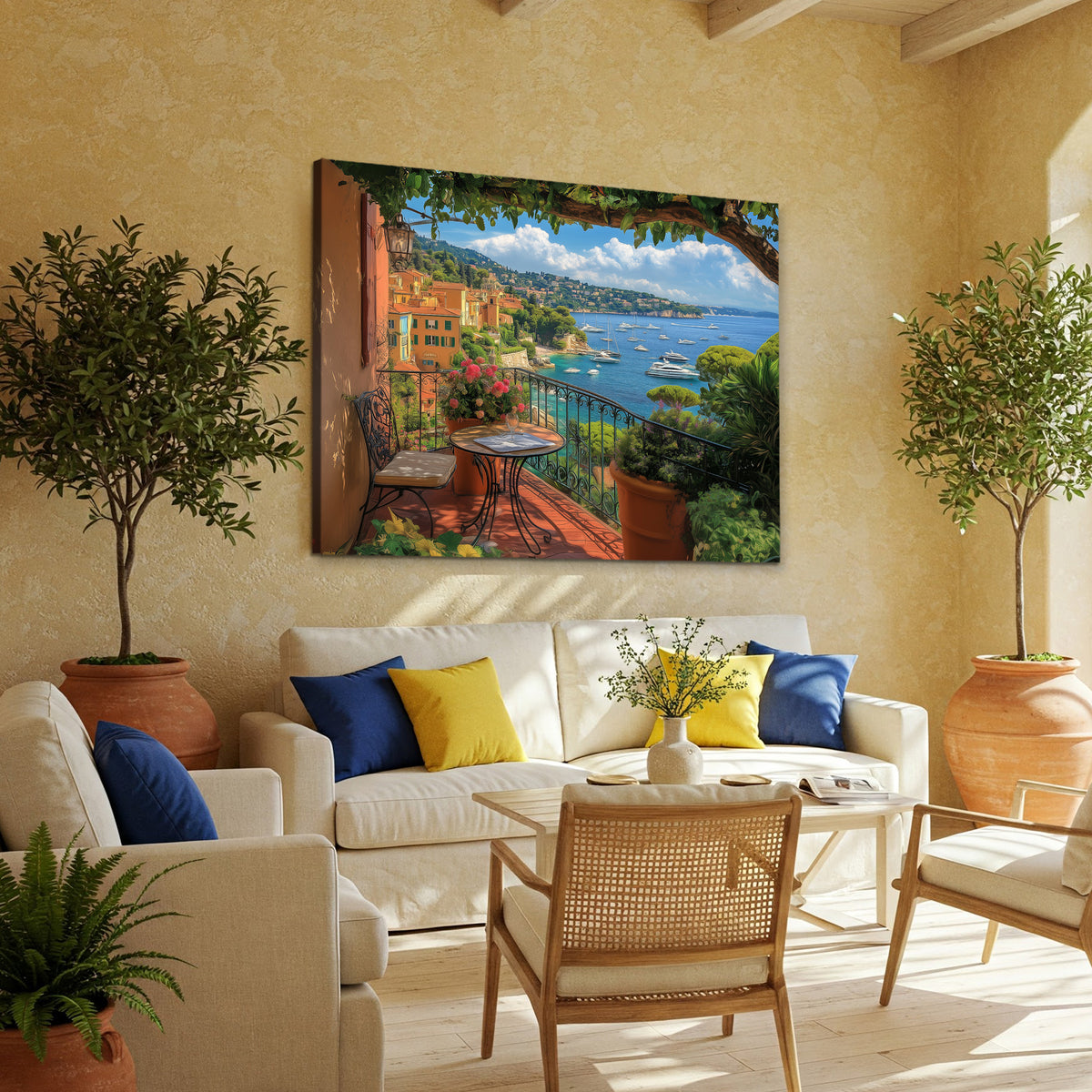 French Riviera Balcony View with Sea and Flowers Canvas