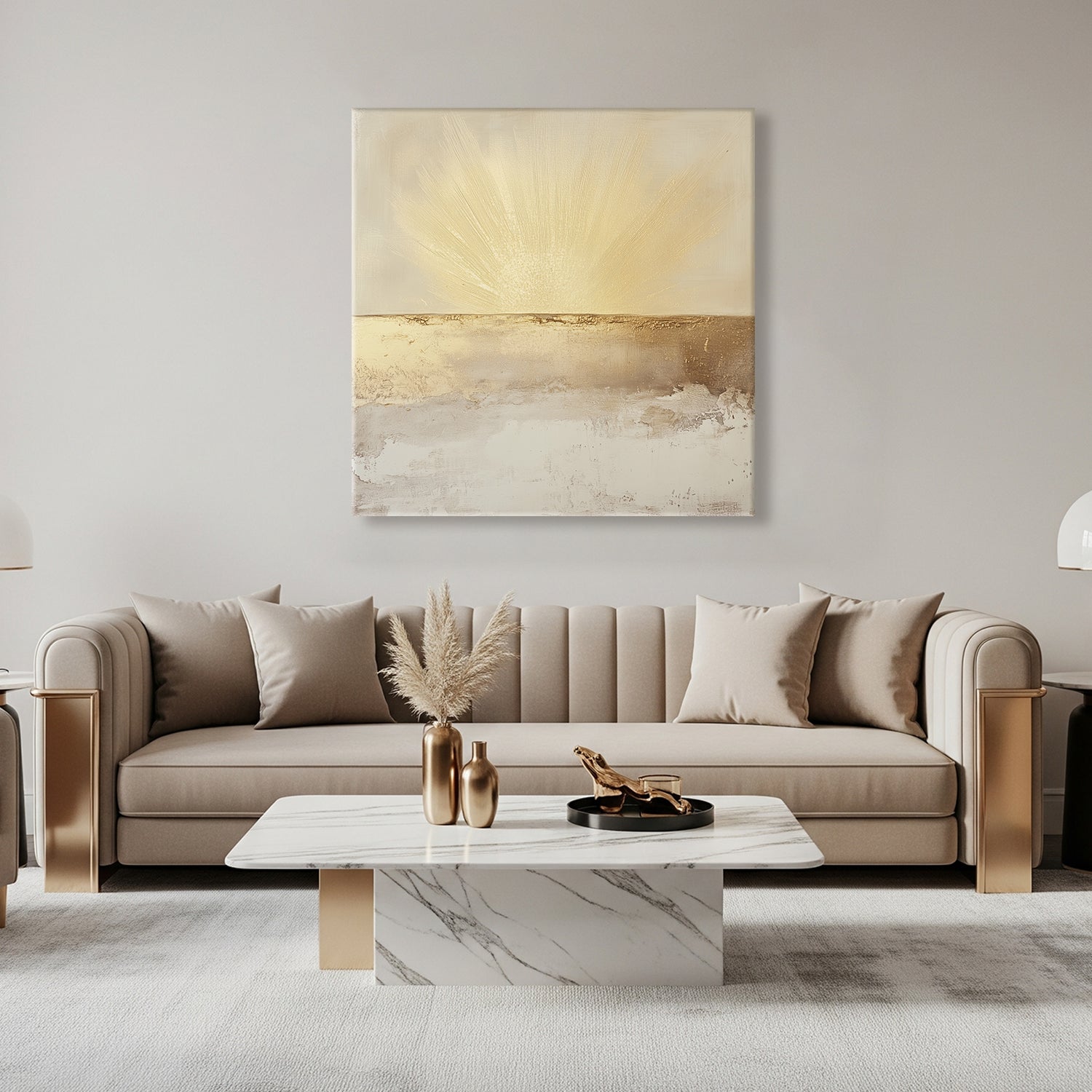 Golden Light Rays on Beige Horizon Abstract Canvas Print