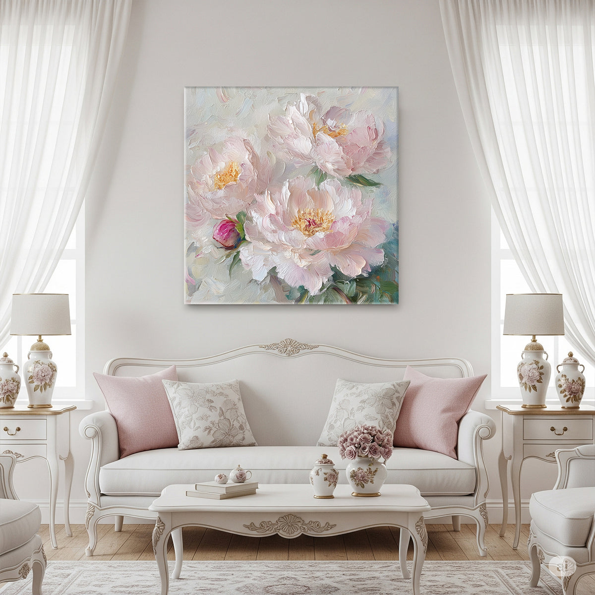 Soft Peonies in Bloom Canvas Art with Oil-Painted Texture