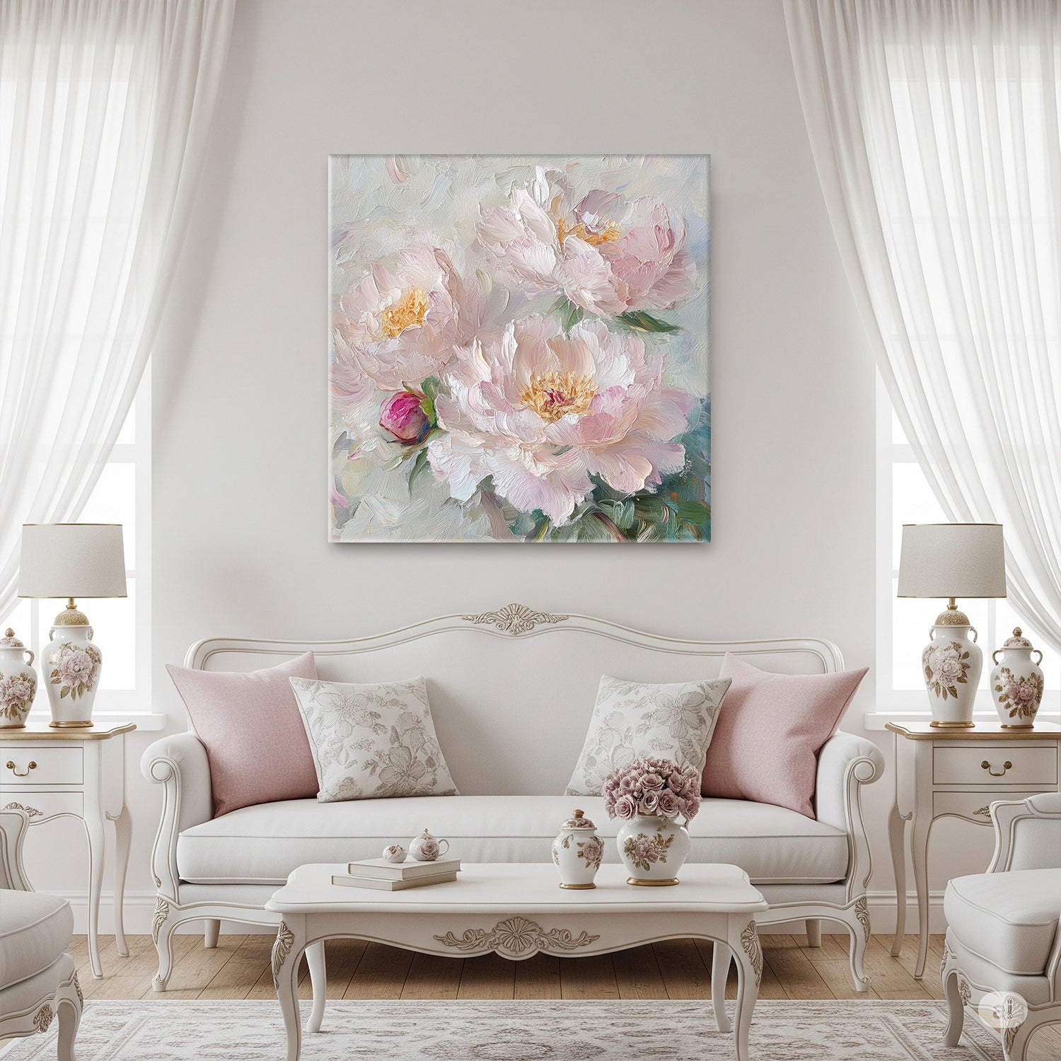 Soft Peonies in Bloom Canvas Art with Oil-Painted Texture