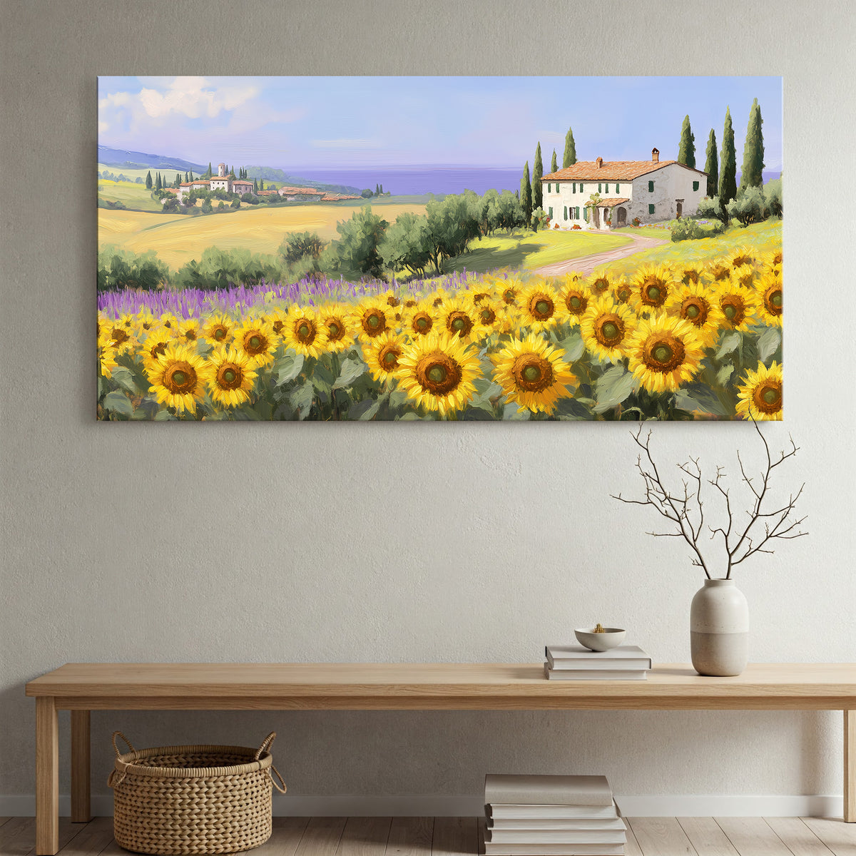 Sunflower Field in Tuscany Vintage Oil Print Canvas Wall Art