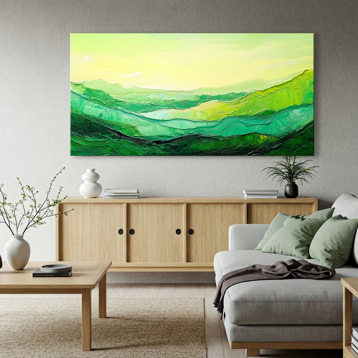 Green Abstract Landscape Canvas in Boho Earthy Tones