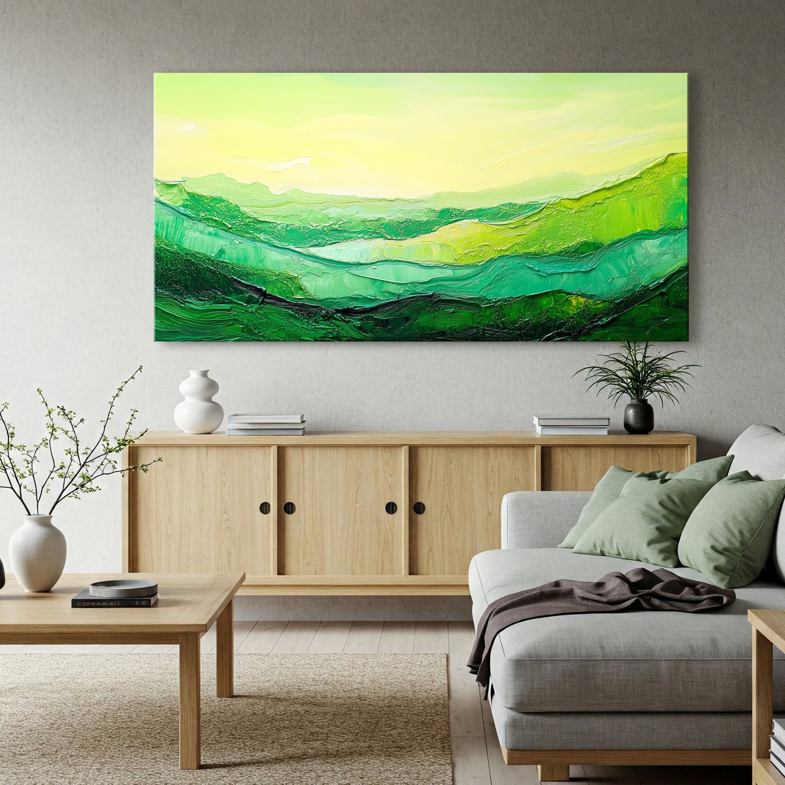 Green Abstract Landscape Canvas in Boho Earthy Tones