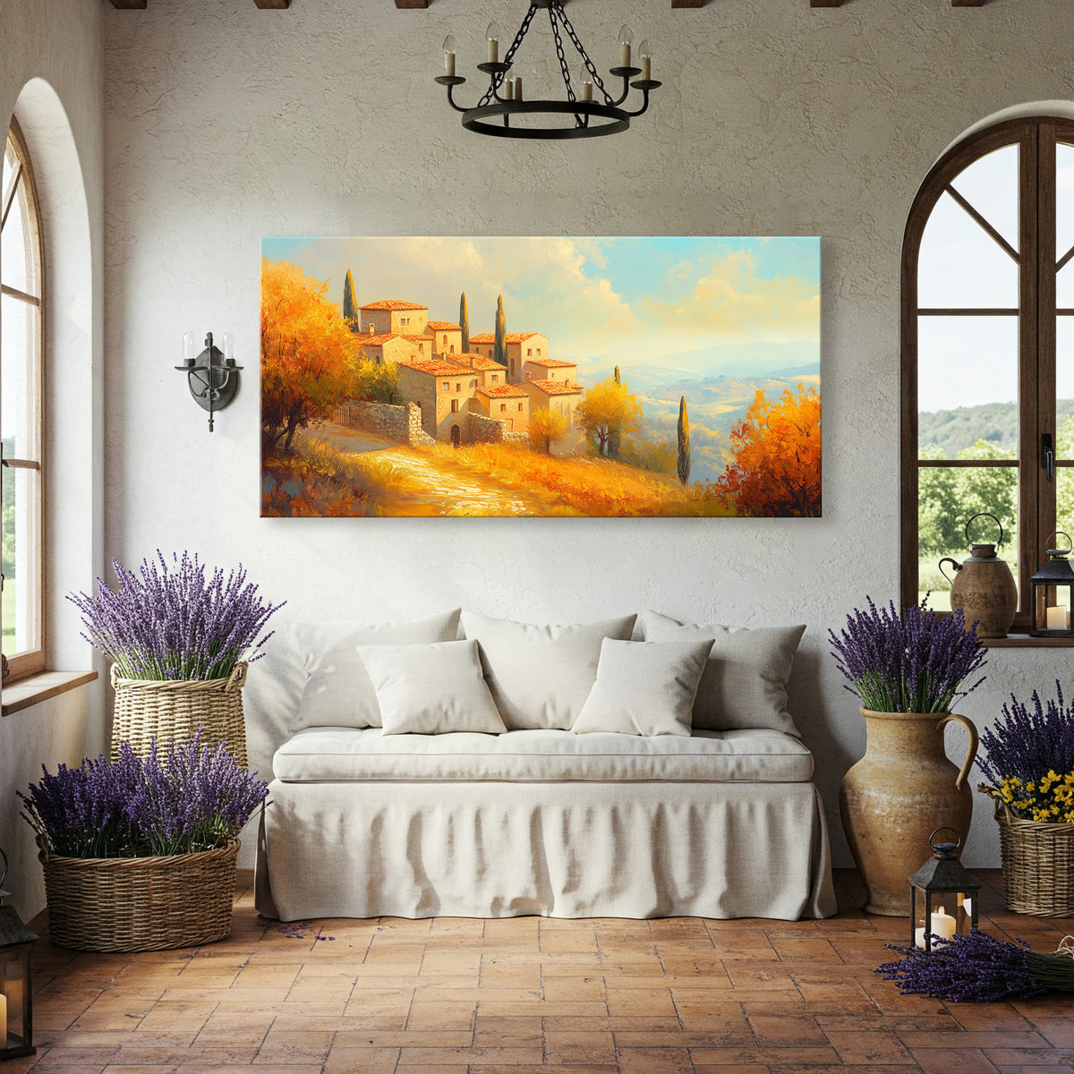 Panoramic Stone Village Scene Canvas in Rustic Boho Style