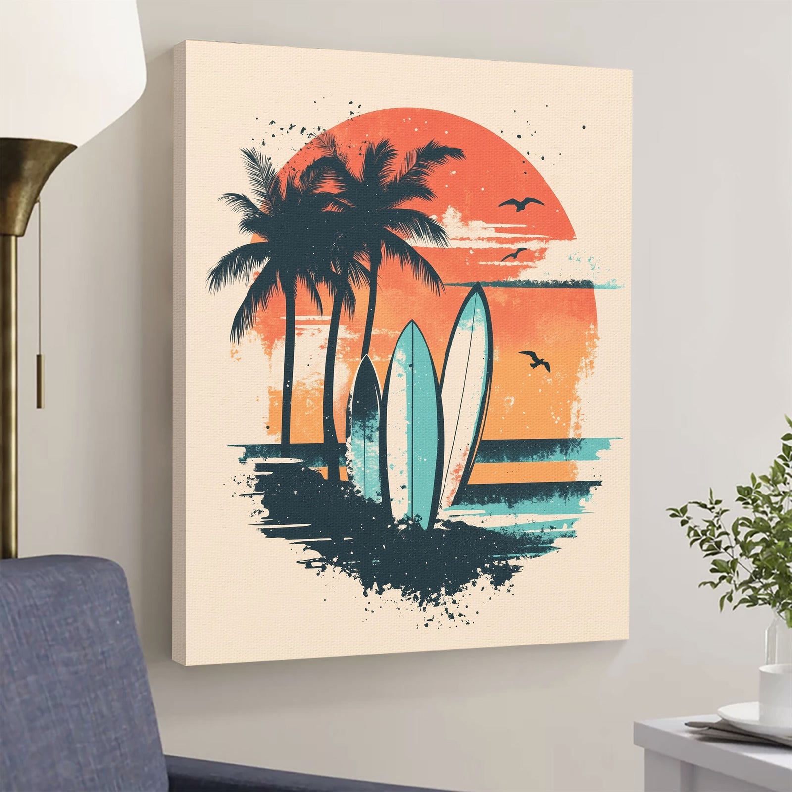 Vintage Surfboards and Palm Trees Retro Canvas Wall Art