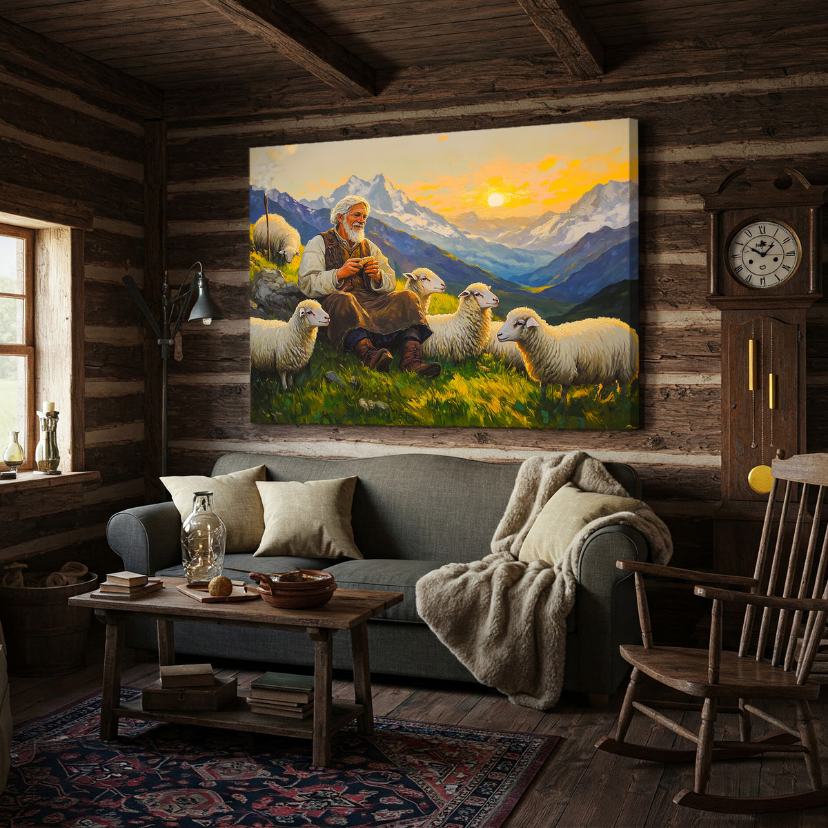 Shepherd and Sheep Pastoral Canvas in Vintage Oil Style