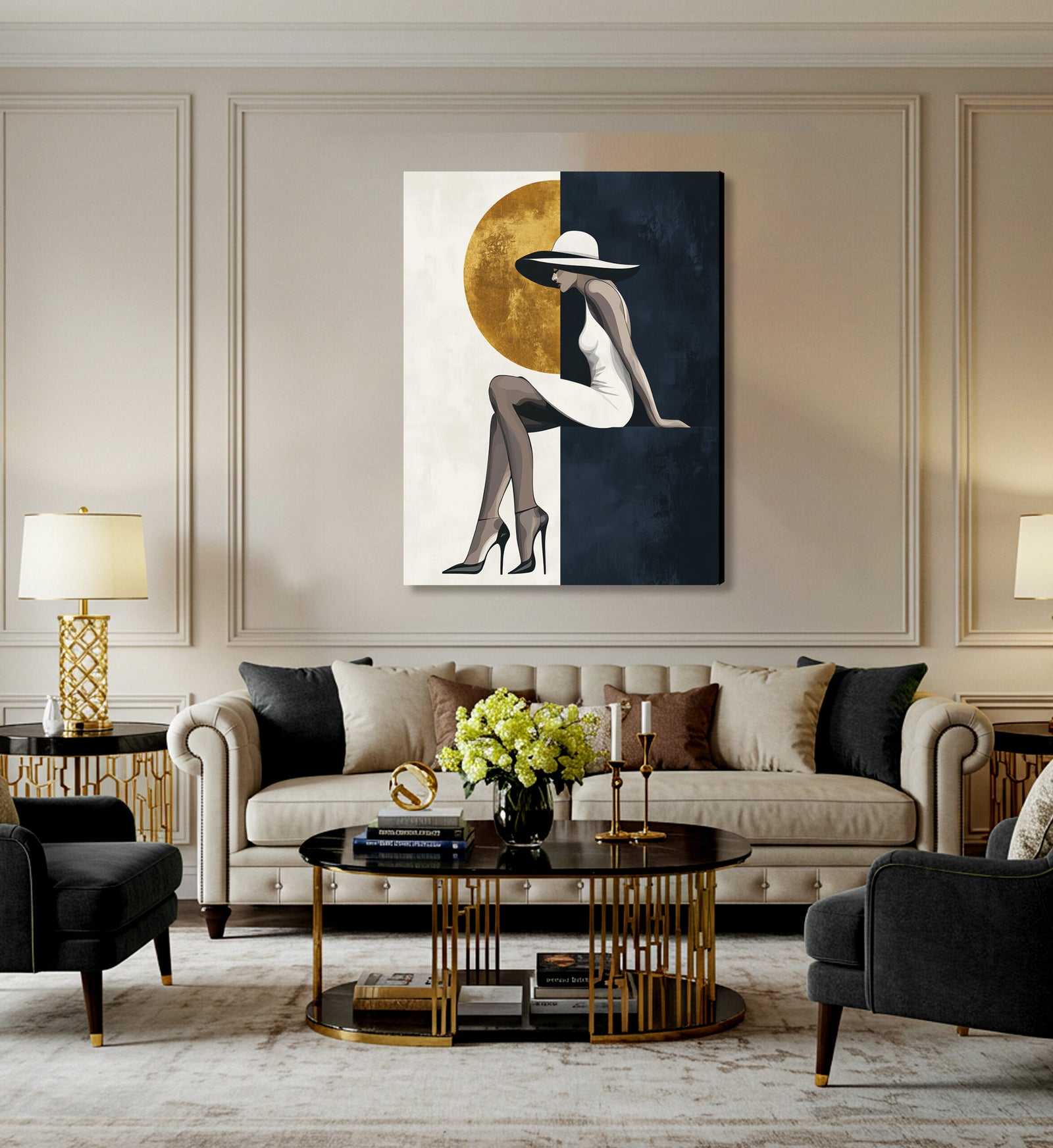 Modern Minimalist Woman and Gold Moon Wall Art Canvas