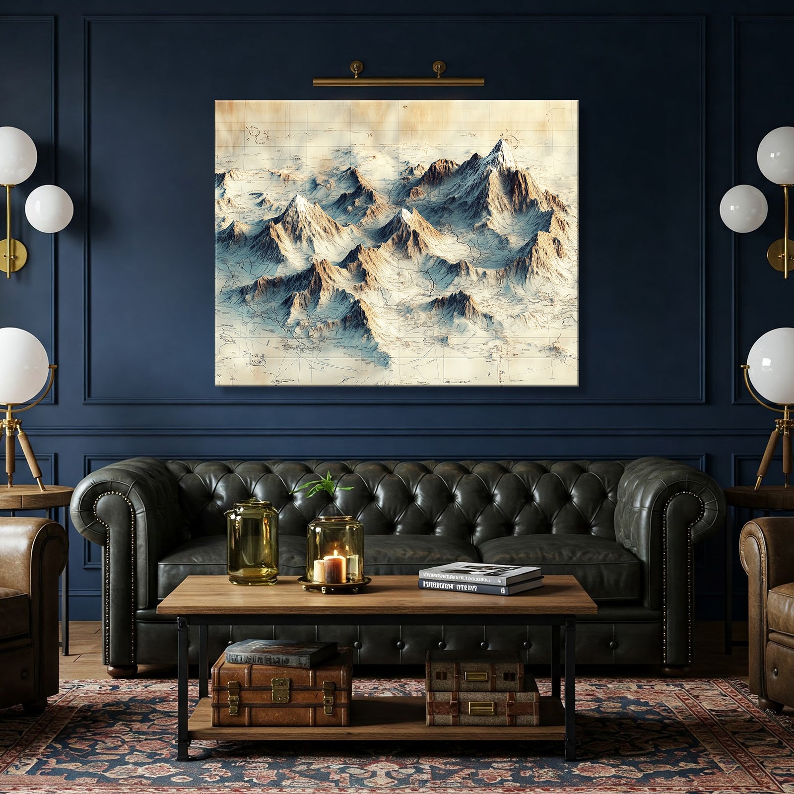 Antique Map Style Mountain Range Illustration Canvas Wall Art