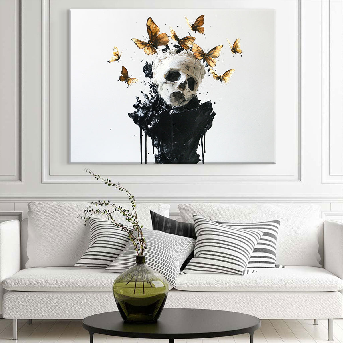 Butterflies Skull Sculpture Minimalist Watercolor Art Wall