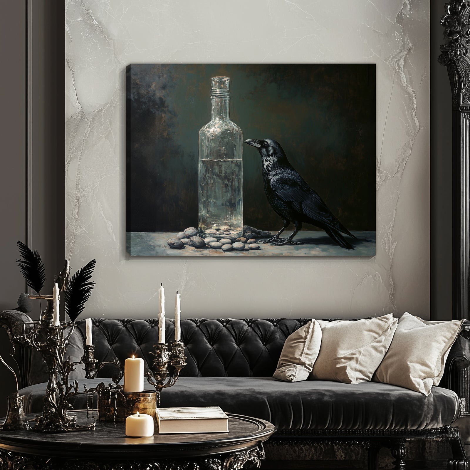 Black Raven and Glass Bottle Oil Painting Canvas Print