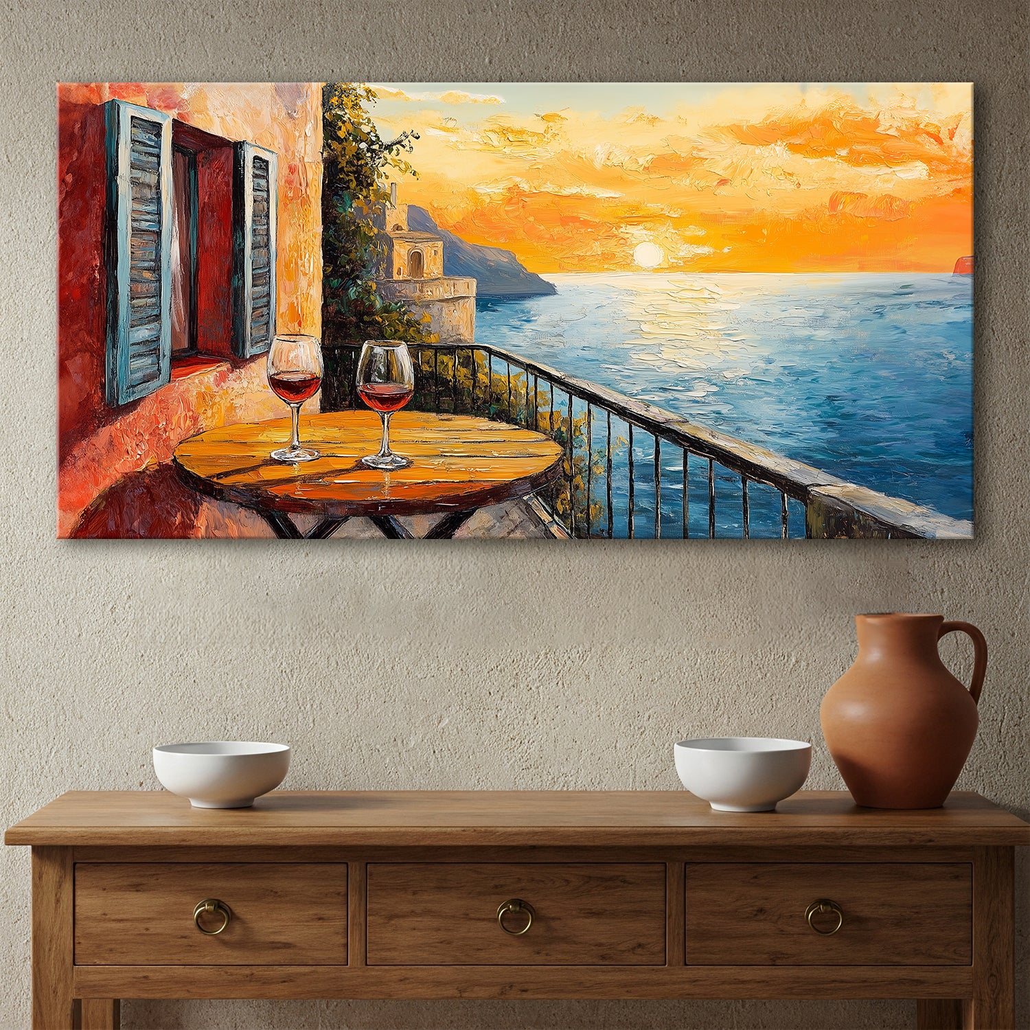 Mediterranean Balcony with Flowers Oil Style Canvas Print