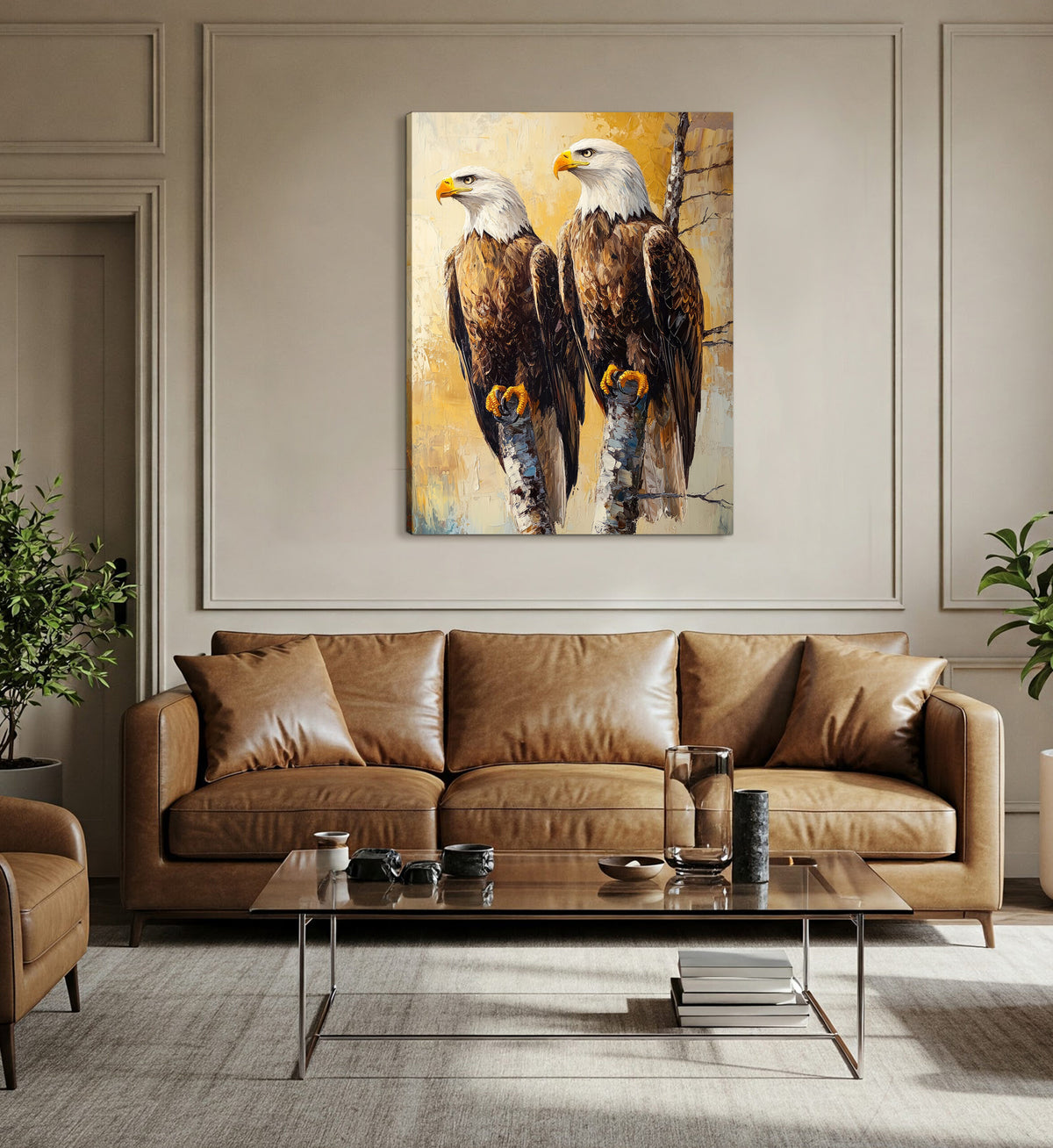 Rustic Bald Eagles Canvas Wall Art – Textured Impasto Oil Painting