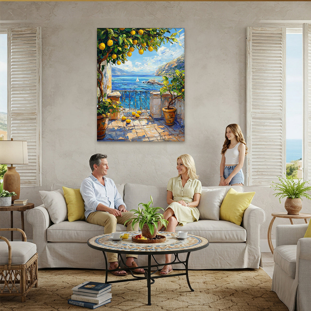 Mediterranean Seaside Balcony with Lemon Tree Canvas Art Print
