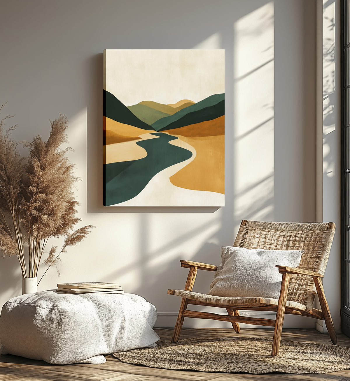 River Through Golden Valley Abstract Landscape Artwork