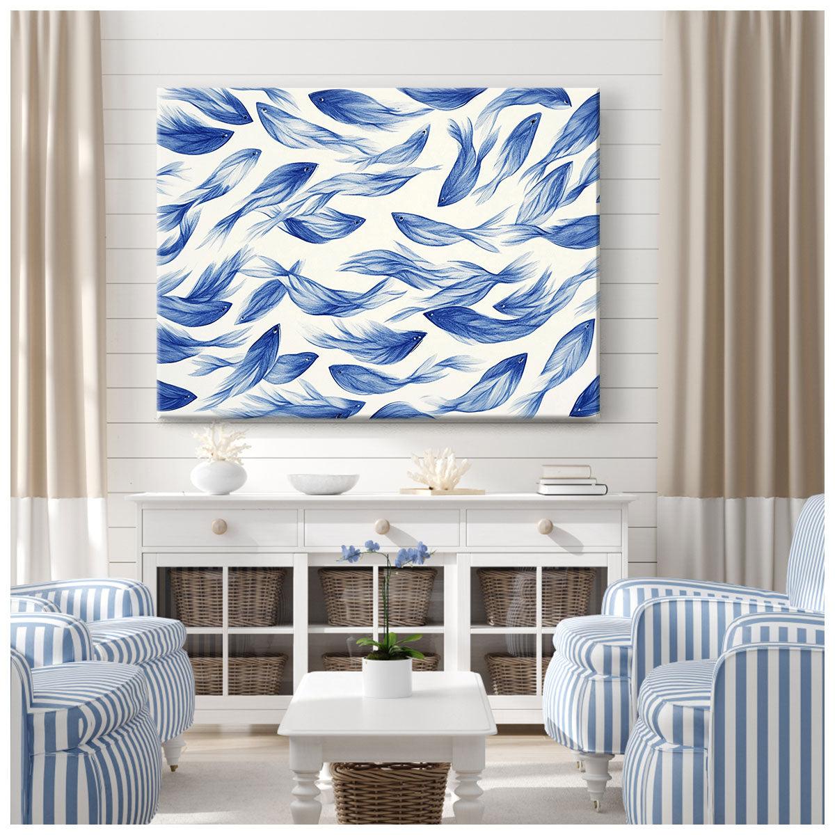 Blue Flowing Fish Horizontal Canvas Abstract Wall Art