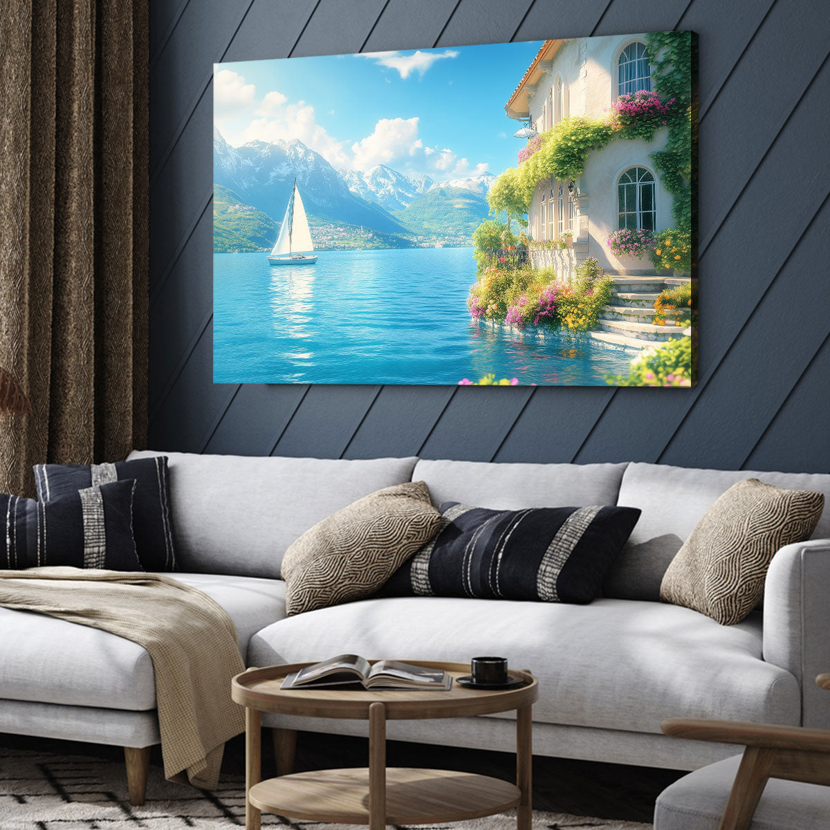Mediterranean Lakeside Villa - Sailboat Terrace Canvas