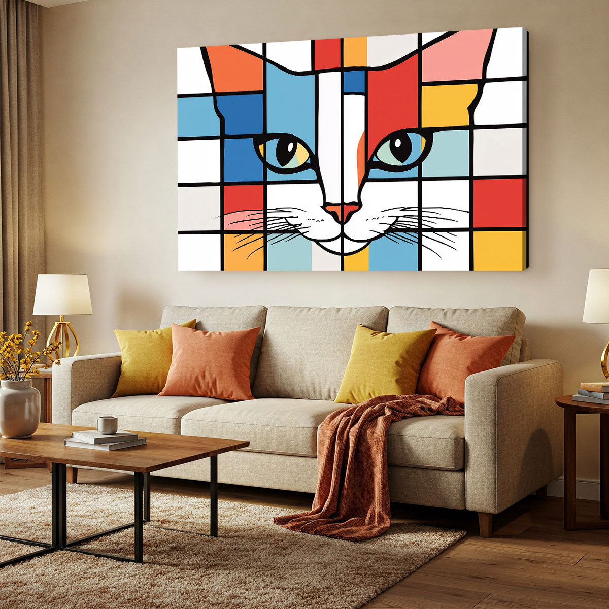 De Stijl Cat Portrait Geometric Art Canvas