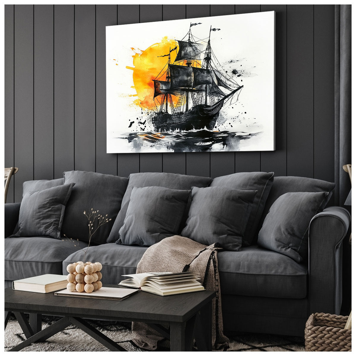 Sailing Black Pirate Ship Abstract Wall Art