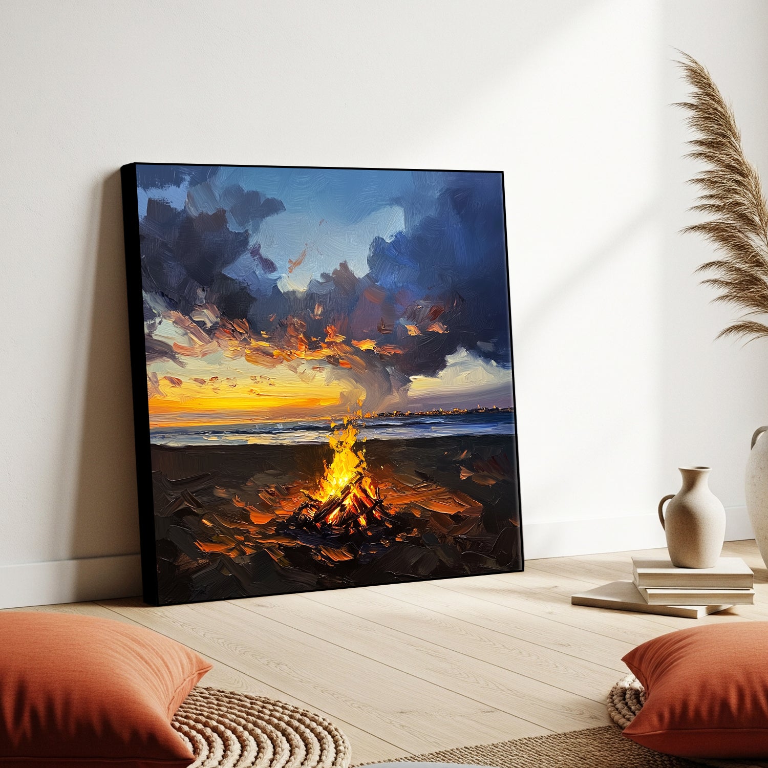 Sunset Campfire Beach Wall Art Oil Painting Canvas