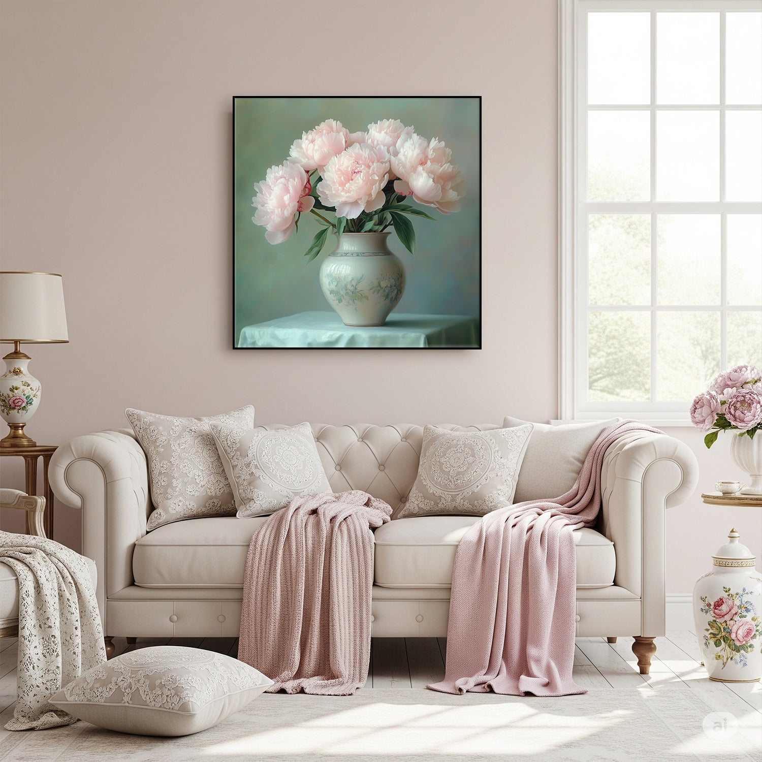 Delicate Peonies in Soft Ceramic Vase Canvas Print