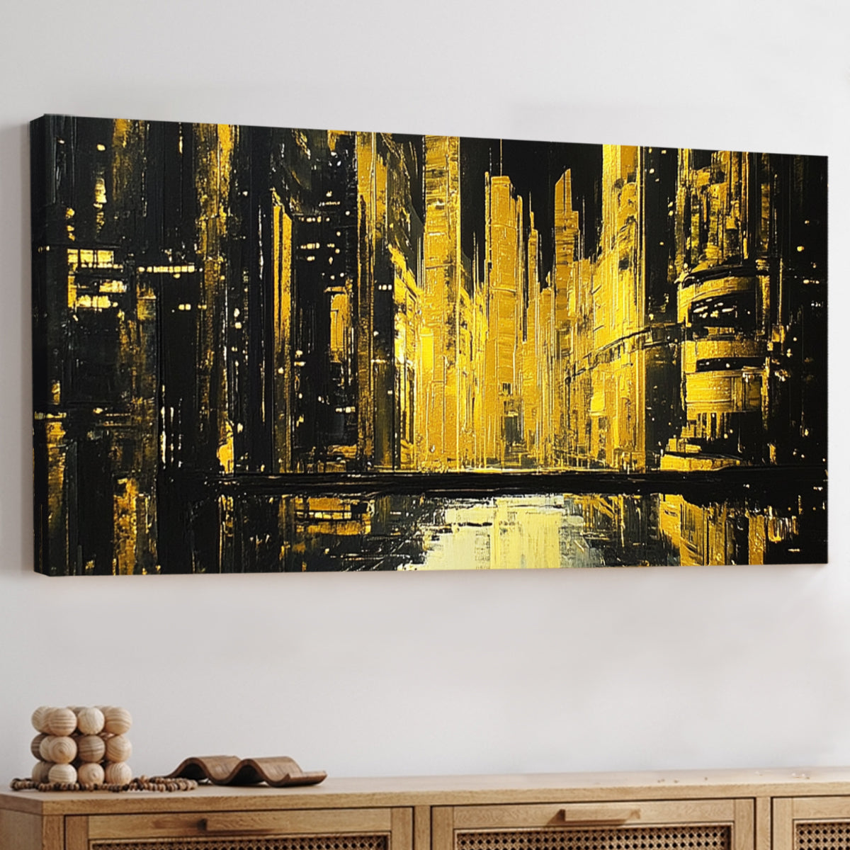 Golden Metropolis Monochromatic Abstract Canvas Wall Art