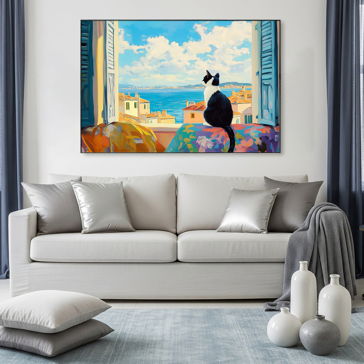 Black And White Cat On Window Canvas Wall Art Print